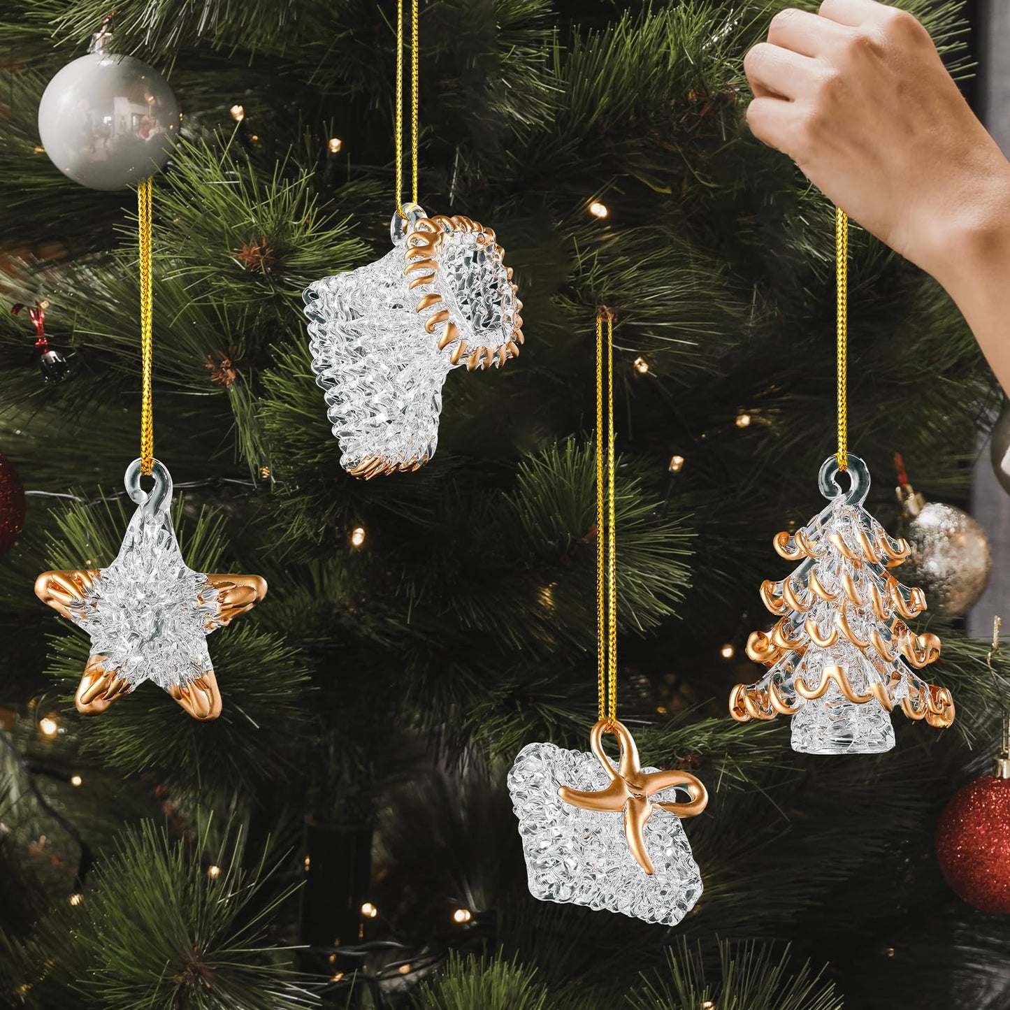 Set of 4 Crystal Glass Christmas Ornaments Glass Christmas Star Crystal Hanging Ornaments for Xmas Tree Winter New Year Party Supplies