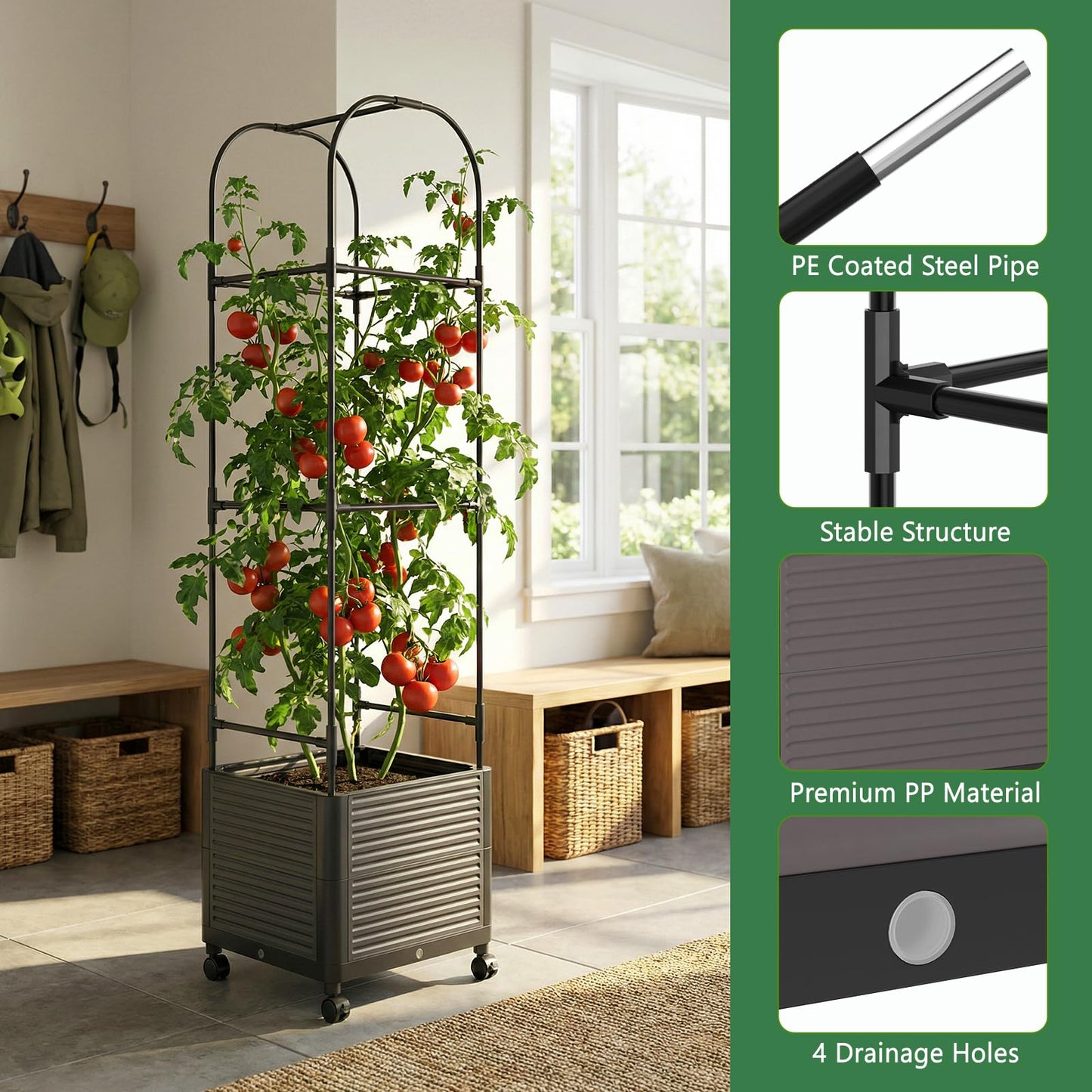 UrGROWA Raised Garden Bed Planter Box with Trellis, 61''H Tomato Planters for Climbing Plants Vegetable Vine Flowers Outdoor Patio Tomato Cage, Self Watering Planter with Wheels
