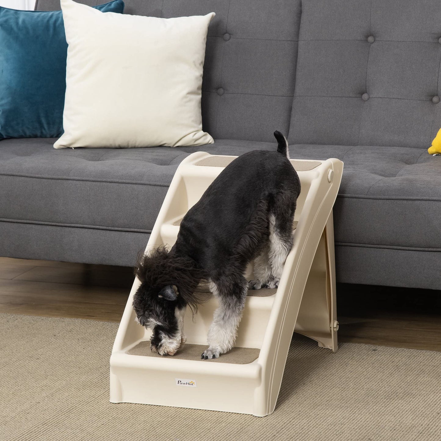 PawHut Four-Step Foldable Pet Stairs w/Non-Slip Mats, for S, XS Dogs - Beige
