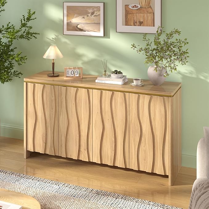 Fluted Cabinet with 3D Ripple Doors, 57.9" W Storage Cabinet with Adjustable