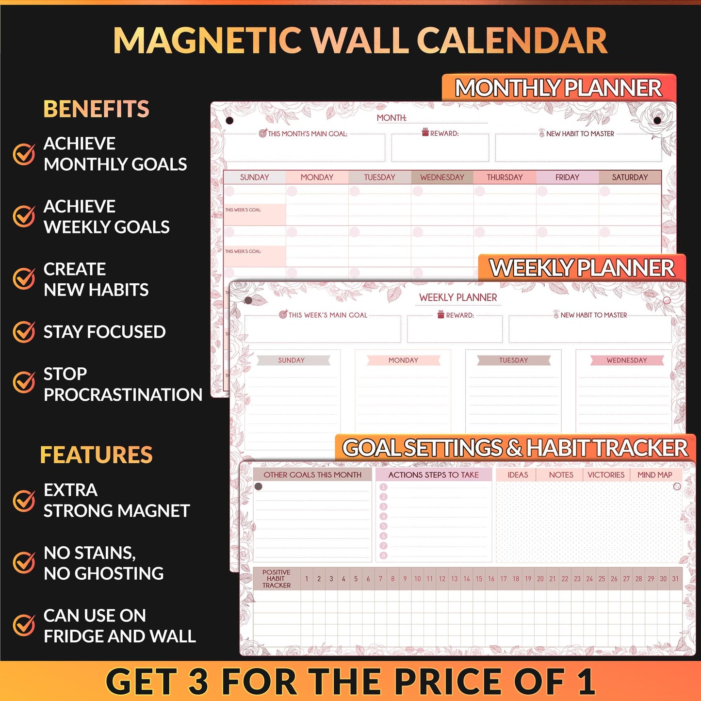 Magnetic Whiteboard for Fridge - Large Dry Erase Calendar for Wall | 3 Magnetic Dry Erase Board 10.5" x 16.5" & 7" x 16.5", Monthly Goal Setting & Habit Tracker, 5 Markers and 6 Adhesive Hooks