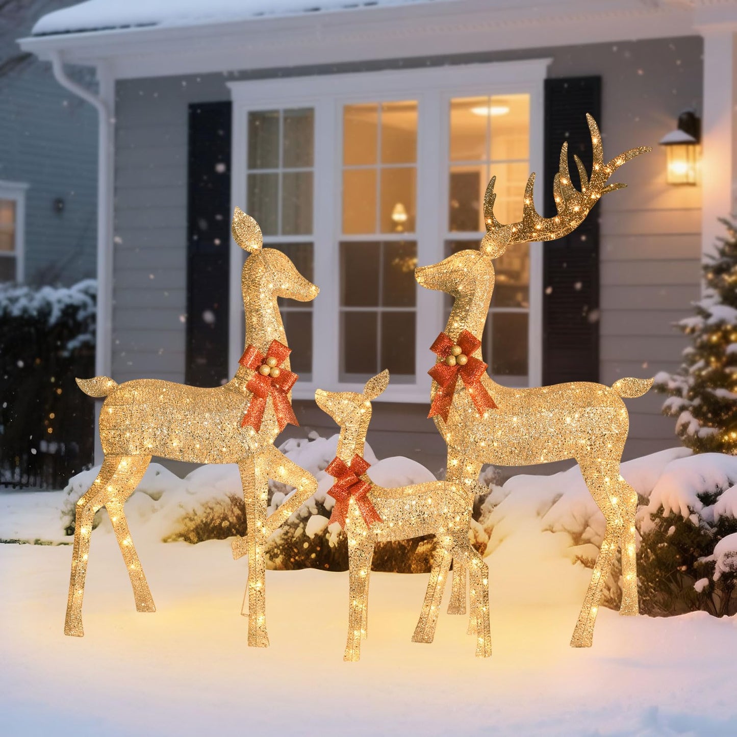 HOYECHI 6.5 FT Oversized Christmas Decorations Outdoor Lighted Reindeer โ 3-Piece 3D Deer Family Set with 340 Warm White LED Lights for Yard, Lawn, Garden & Porch Holiday Display - Gold