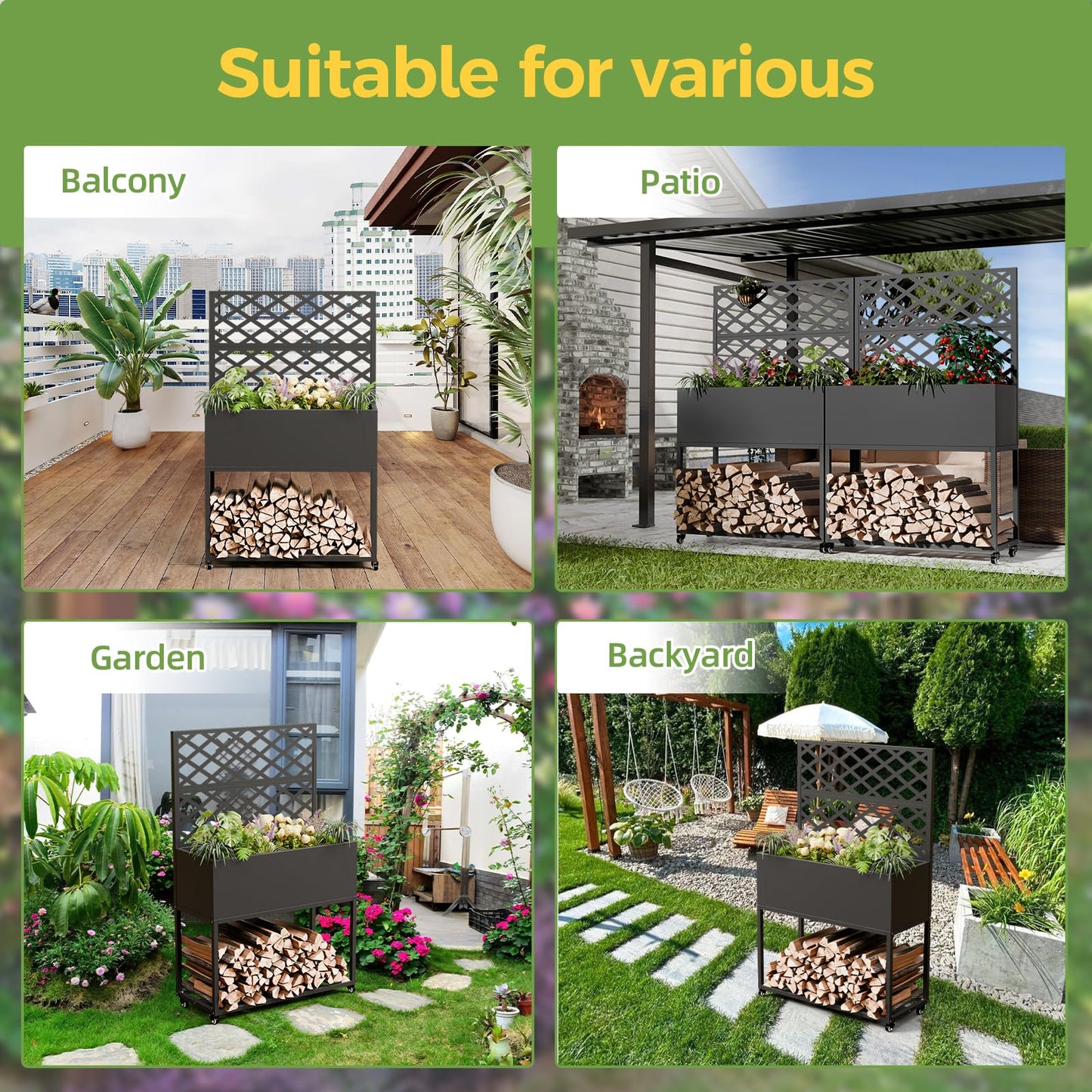 Diyfire Metal Planter Box with Trellis, 55"x35"x16"Metal Raised Garden Bed with Drainage Holes, Raised Garden Beds Outdoor, Privacy Planters Trellis for Climbing Plants, Patio,Garden, Wheels, Black