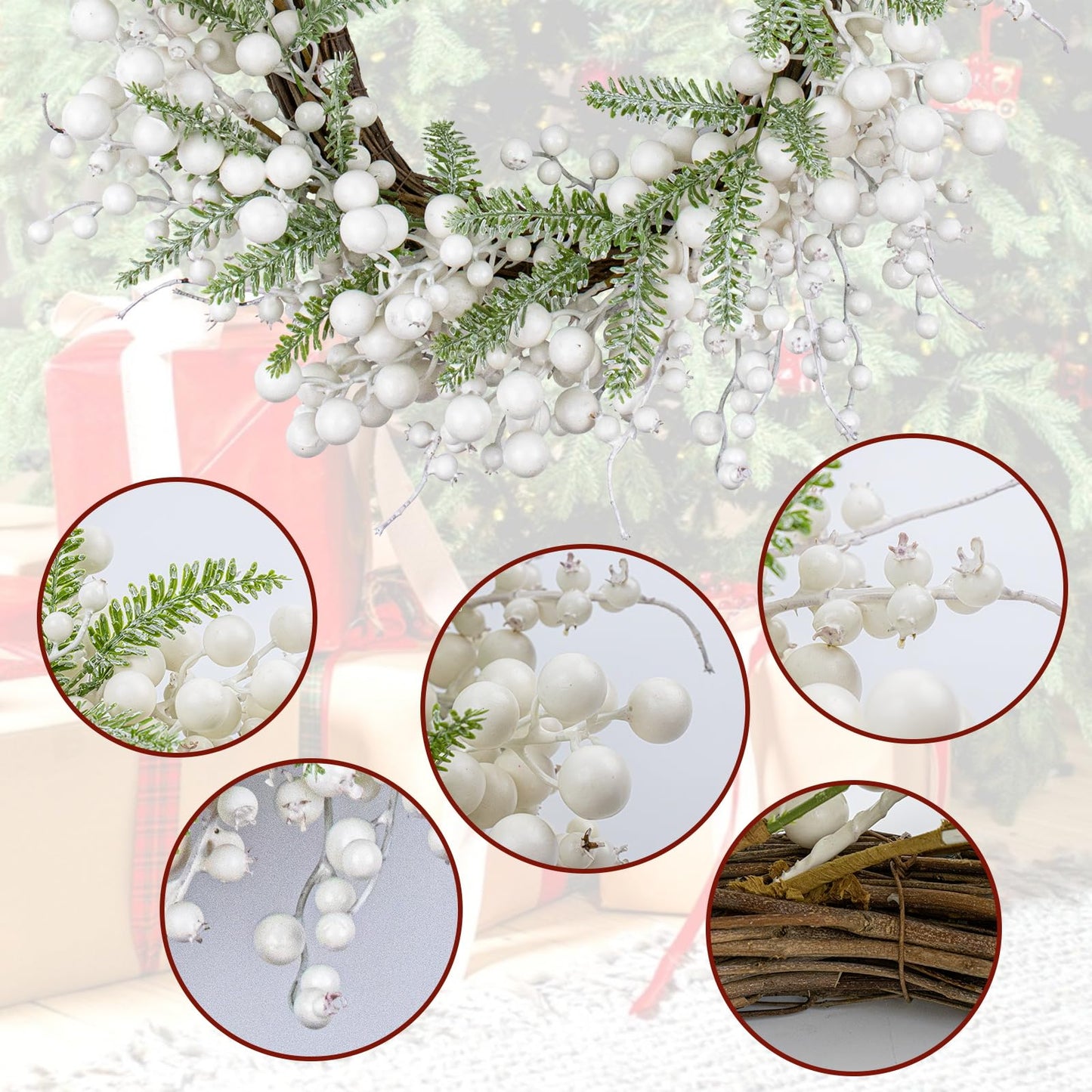 Yawwind 20 Inches White Christmas Wreath Farmhouse Winter Wreath Rustic Winter Wreaths for Front Door with White Berry Fir Pine Needle for Doors Window Indoors Porches Outside