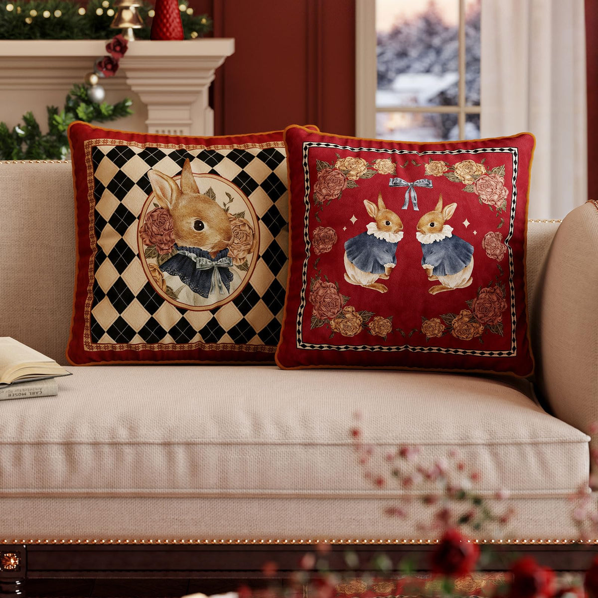 Livebee Bunny Floral Red Pillow Cover Decorations, Velvet Euro Sham Covers Decorative Throw Pillow Covers 18x18 for Couch Sofa Bed Home Decor