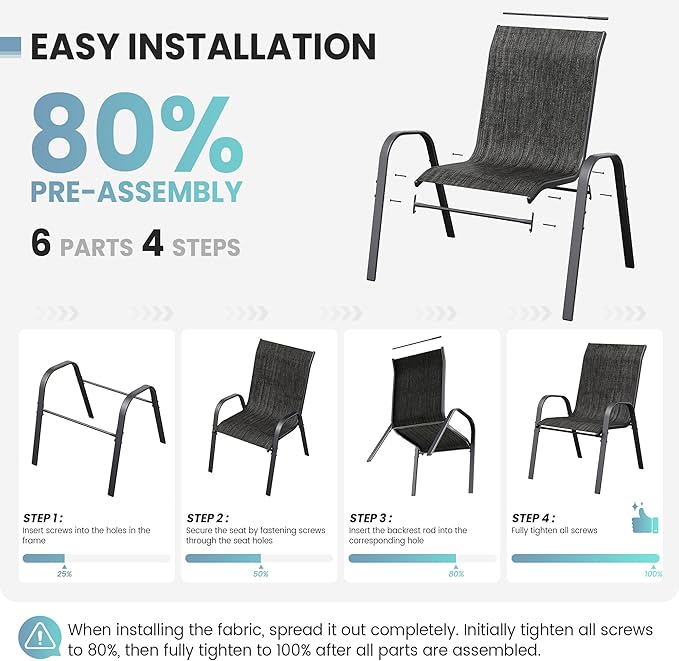 Patio Dining Chairs Set of 4, Stackable Dining Chairs High Back, Breathable Seat Fabric and Alloy Steel Frame Fit Backyard, Porch, Lawn,Poolside (Dark Grey)