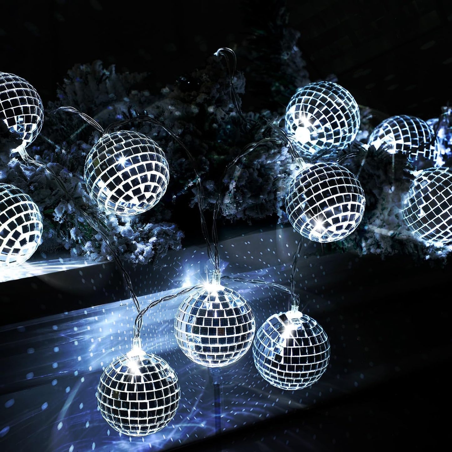 Youdepot Disco Ball Light String – 10 LED 9.84-Foot Mirror Disco Ball String Lights, Battery Powered for Party, Wedding, Christmas, Holiday, Classroom Decor (Silver White, 1.97 Inch)