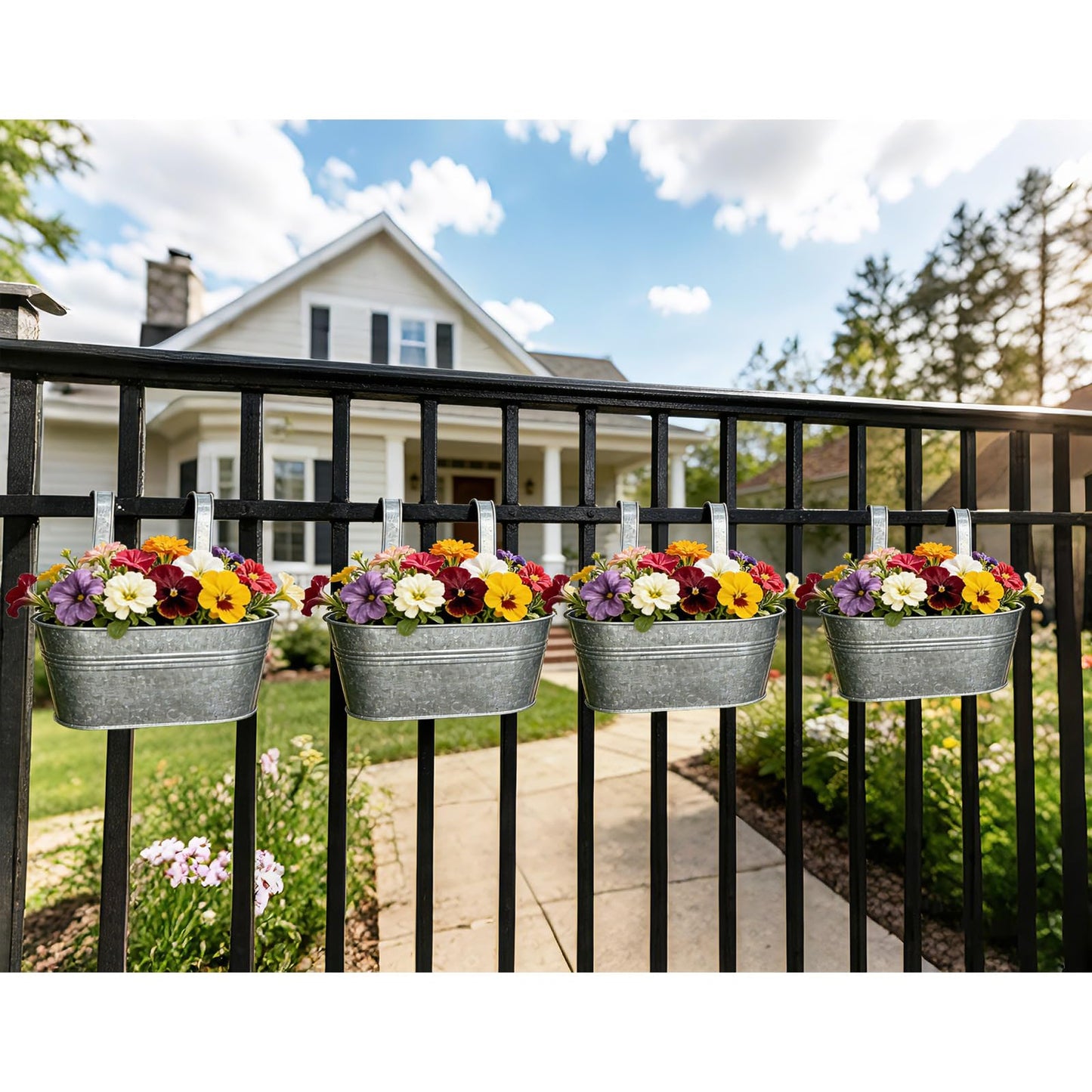 Joyfernal Balcony Galvanized Hanging Planters Railing Flower Pots, Outdoor Metal Fence Planter Pot with Detachable Hooks Drain Hole for Garden Patio Yard Decor (12 Inch, 6Pcs)