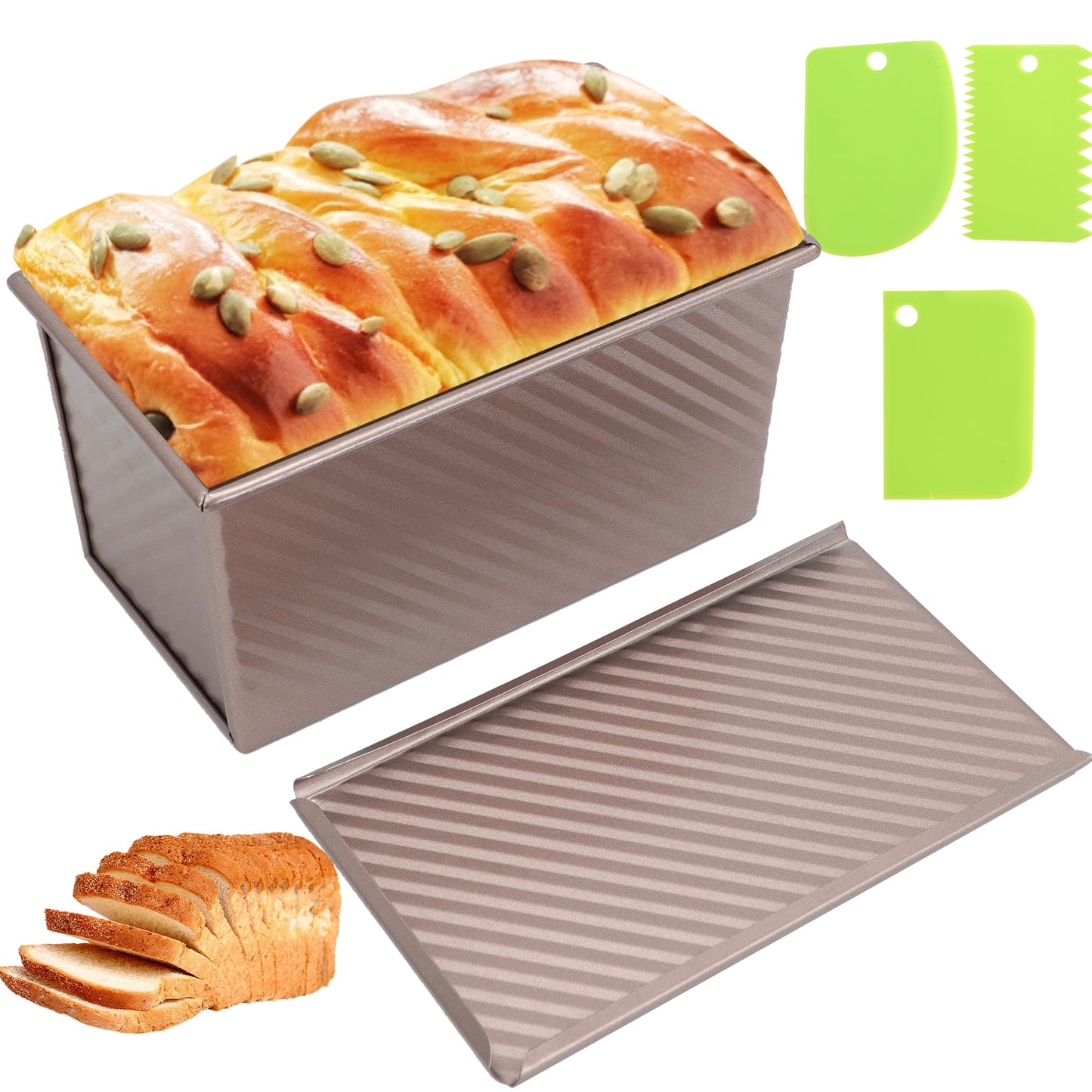 Spmarkt Bread Pan, 13 * 5inch Non-Stick Rectangle Pullman Loaf Pan with Lid, Long Sourdough Bread Loaf Pan for Homemade, Deep Bread Tin with Dough Scraper Cutter