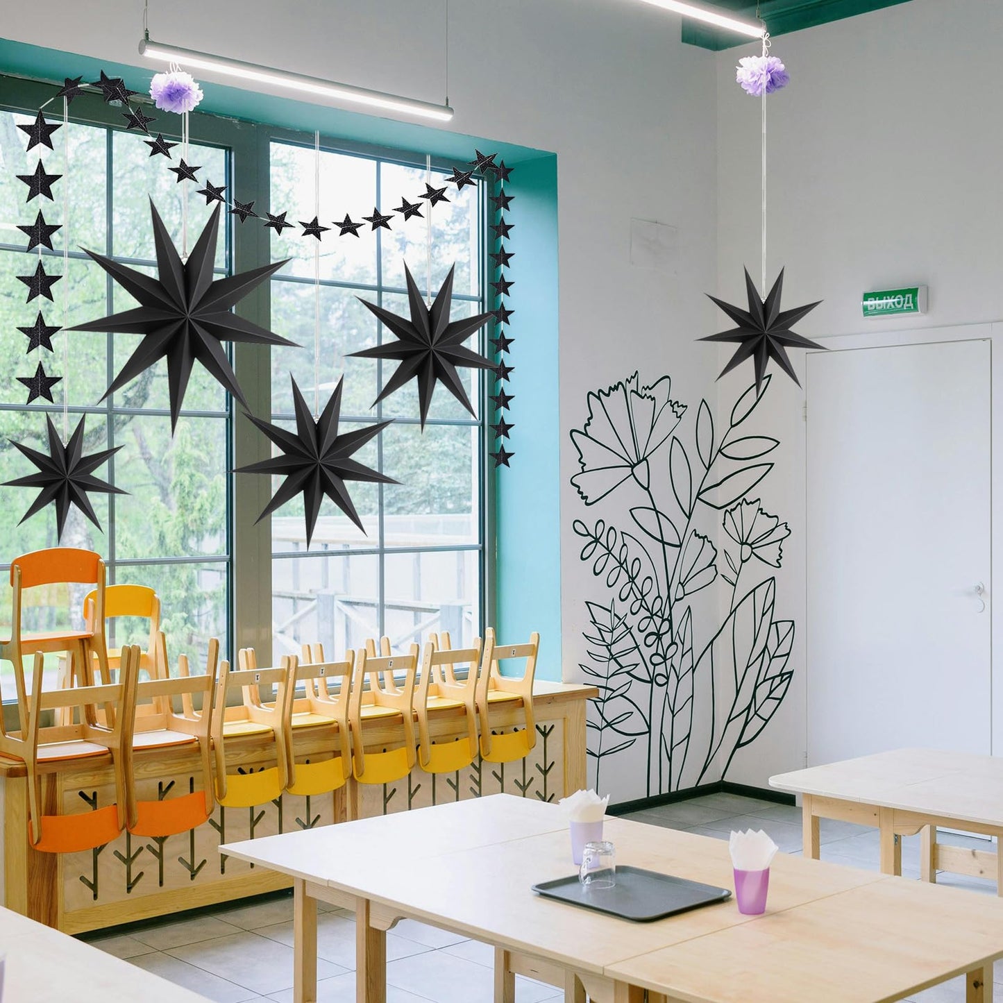 WNSIRVY 5 Pack 9-Pointed Large 3D Paper Star Lanterns with Glitter Star Garland Black Hanging Star Lanterns Lampshade for Halloween Christmas Themed Party Home Wedding Birthday Decorations (Black)