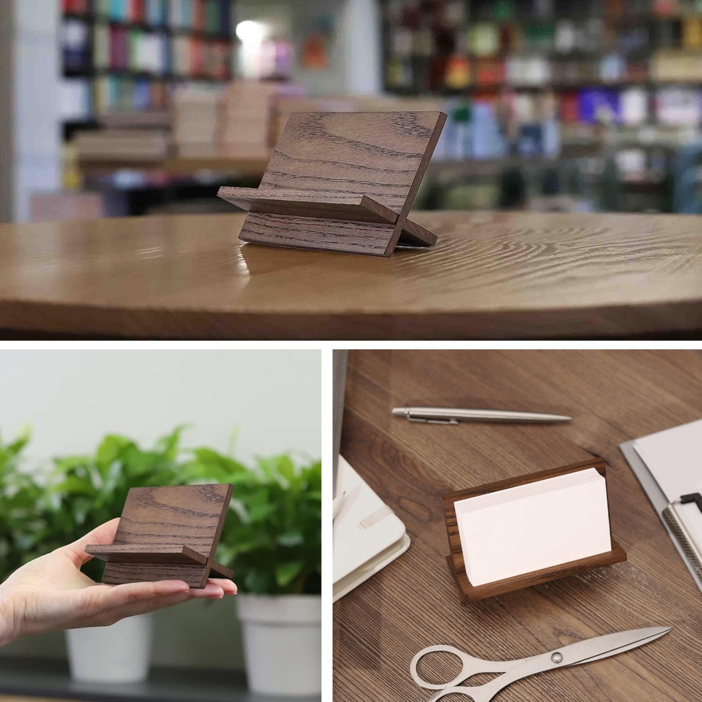 TOROS store Set of 3 Business Card Holders for Desk - Brown Wood Small Cards Holder, Professional Desktop Business Card Stand Display, Wooden Name Card Holder
