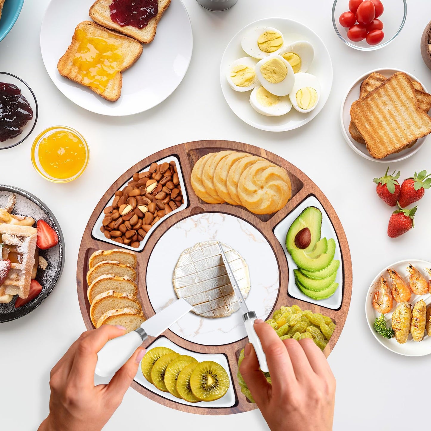 360° Rotating Lazy Susan Cheese & Charcuterie Board Set - 13.5" Acacia with Built-in Slate Chiller, 3 Ceramic Bowls & 2 Cheese Knives - Housewarming, Birthday & Wedding Gift