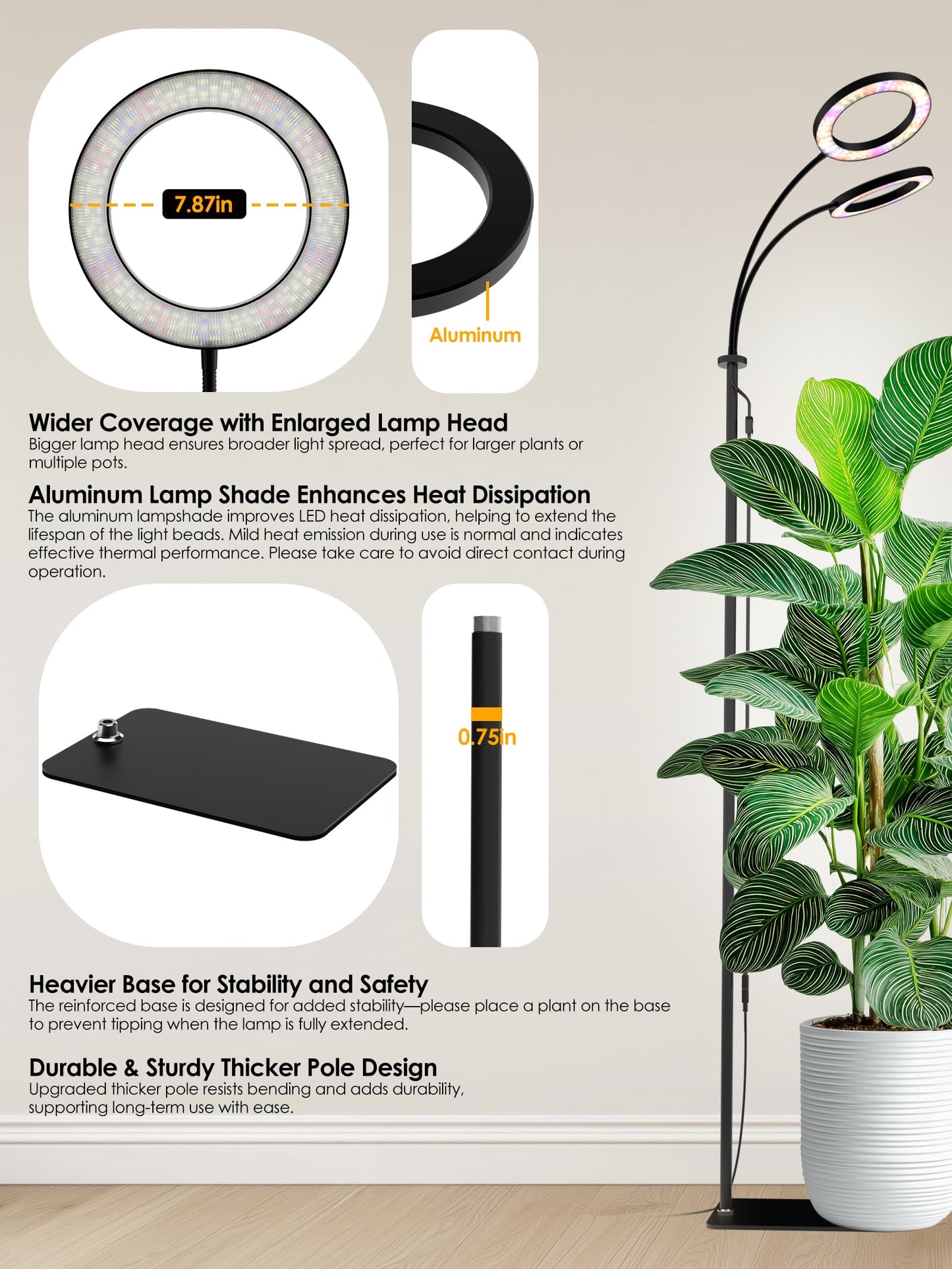 GLOWRIUM Grow Lights for Indoor Plants, Full Spectrum LED Grow Light, Stepless Dimming,3 Lighting Mode and Adjustable Height, Plant Light with 3/9/12/16H Timer (Black, 48W)