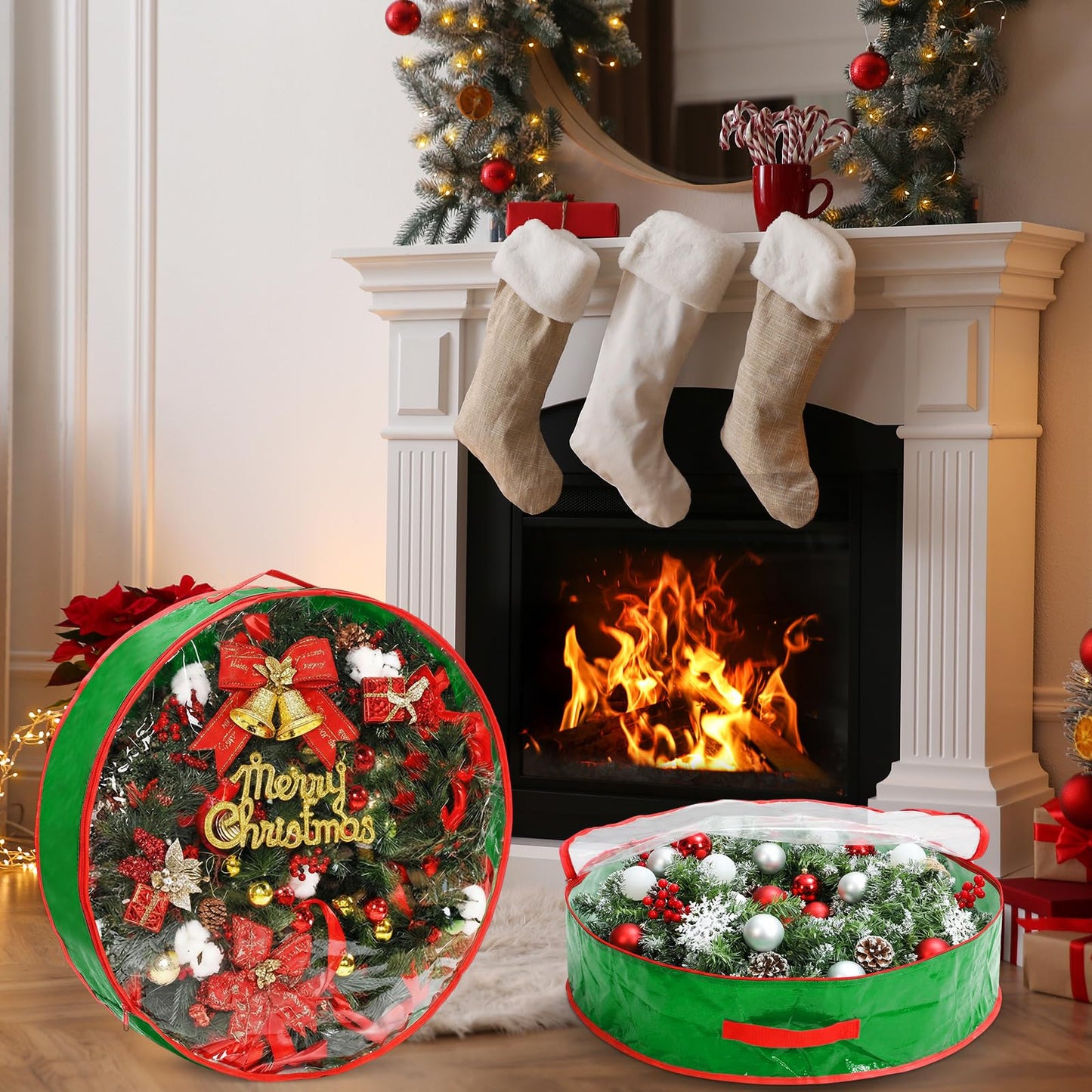 Aliceset 4 Pack Wreath Storage Containers, Ornament Garland Wreath Storage Bags with Handle Zipper Decorative Storages Box for Christmas in July Wreaths(24 x 24 x 7.8 Inch,Light Green)