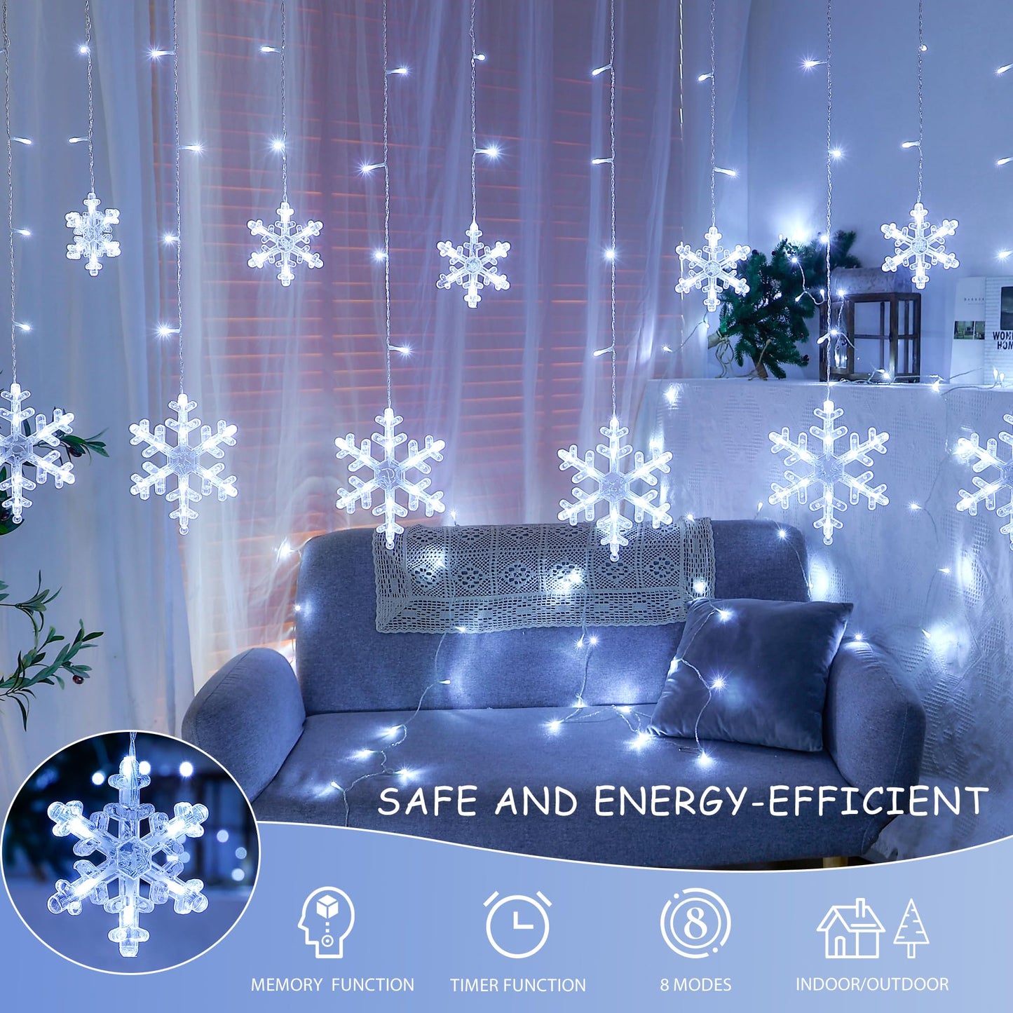 Qunlight Christmas Snowflake Icicle Lights,6.5ft 144LED Curtain Lights Outdoor with 12 Drops, 8 Modes Waterproof Connectable Fairy Light for Eaves, Garden, Yard, Indoor Outdoor Xmas Decor (White)