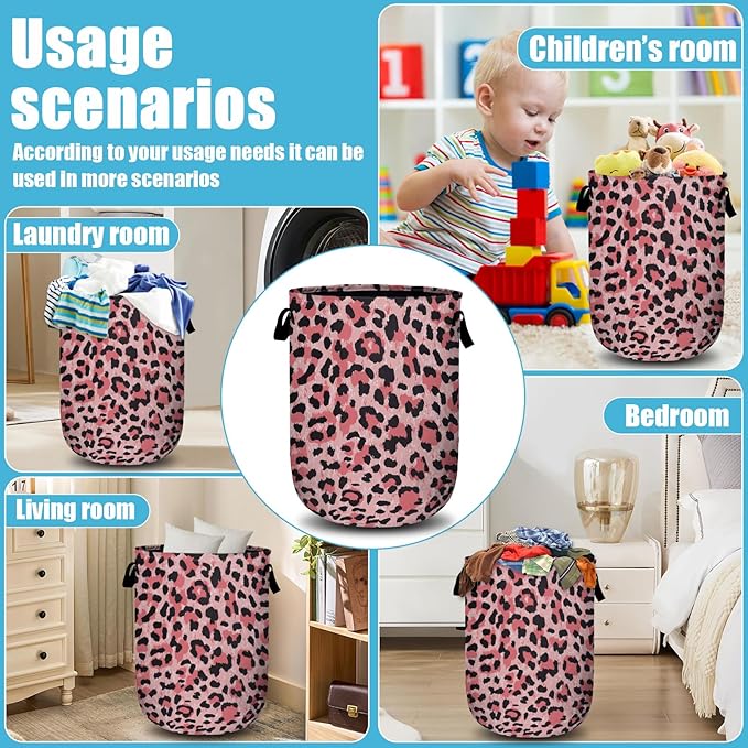 Pink Leopard Laundry Basket, Laundry Hamper Collapsible Oxford Cloth