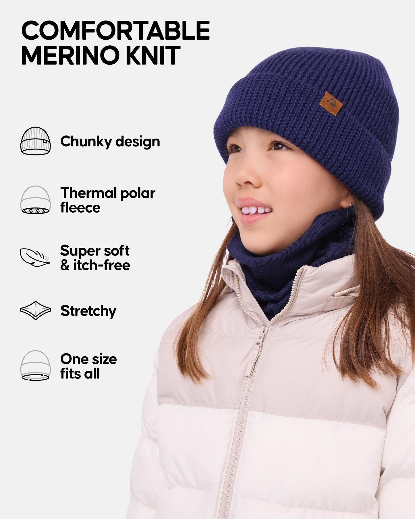 DANISH ENDURANCE Merino Wool Beanie Hat Kids, Warm Fleece Lining, Thermal Autumn Winter Hats for Boys & Girls, Knit, Unisex, Blue, One Size