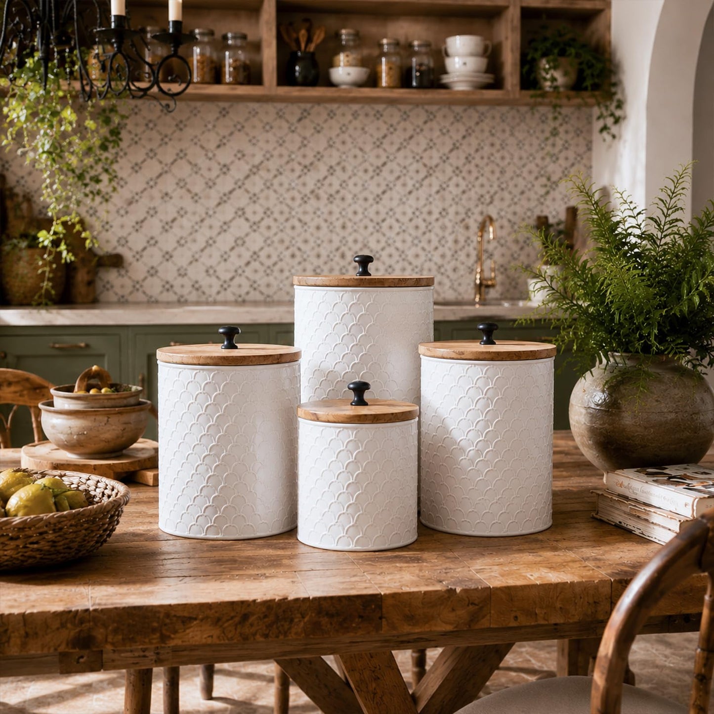 MODE HOME White Metal Kitchen Canister Set of 4 with Wooden Lids, Embossed Fish Scale Storage Containers for Coffee, Tea, Candy & Pet Treats, Farmhouse Decorative Food Jars