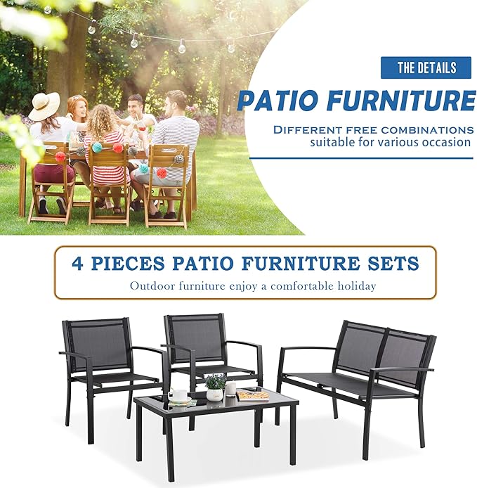 Vongrasig 4 Pieces Patio Furniture Sets, Outdoor Patio Conversation Sets
