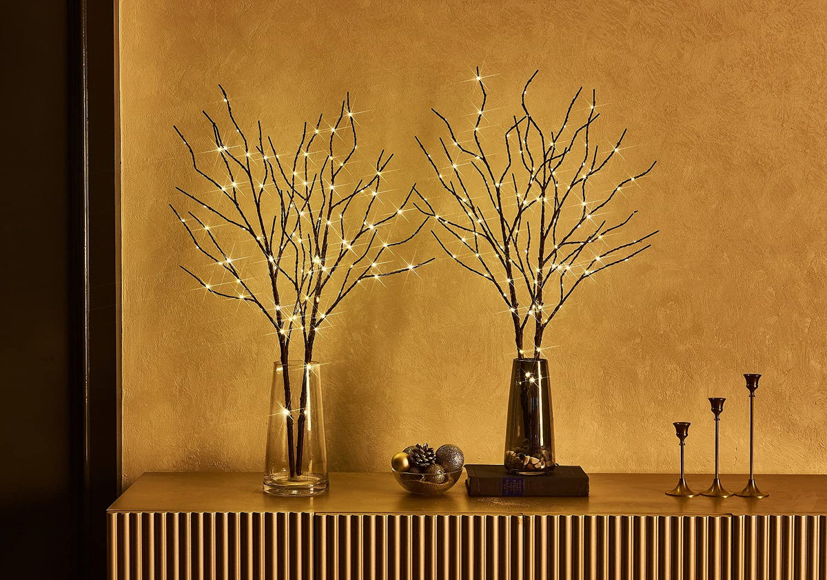 Fudios Lighted Brown Branches with Timer 32 in 100 LED for Vases Battery Operated, Artificial Willow Branch Twigs with Warm White Lights for Christmas Holiday Party Decor
