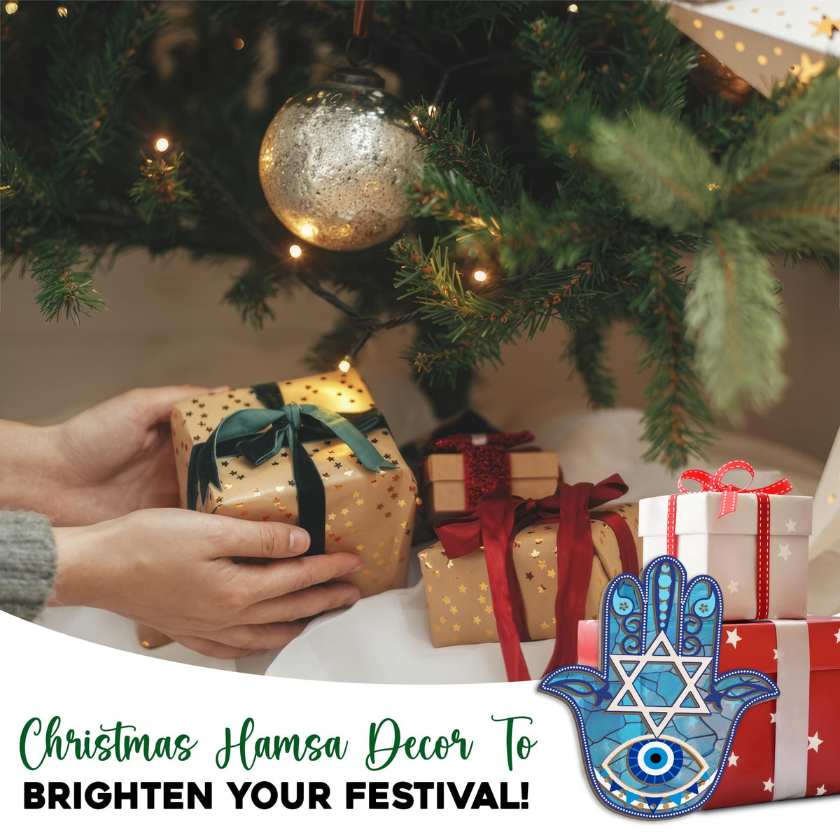 FLAGWIX Christmas Hanukkah Gifts for Women Men - Double-Layered Christmas Ornament for Tree Decorations - Hamsa Hand Suncatcher Decor, Housewarming Gift Ideas, Spiritual Gifts for Family Friends