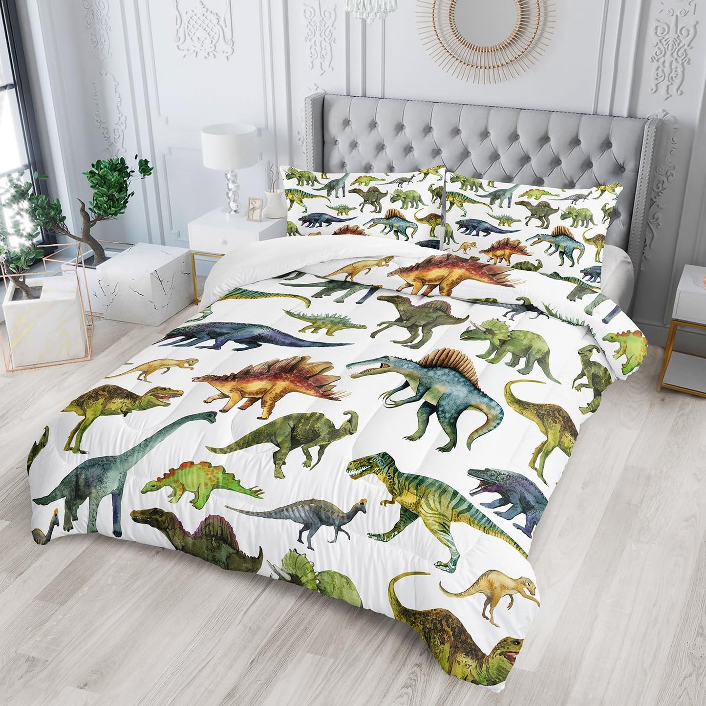 Nttopship Dinosaur Comforter Sets King,Dinosaur Printed Quilt Set for Bedroom Soft Microfiber All Season Print Quilt Set with 1 Comforter and 2 Pillow Case
