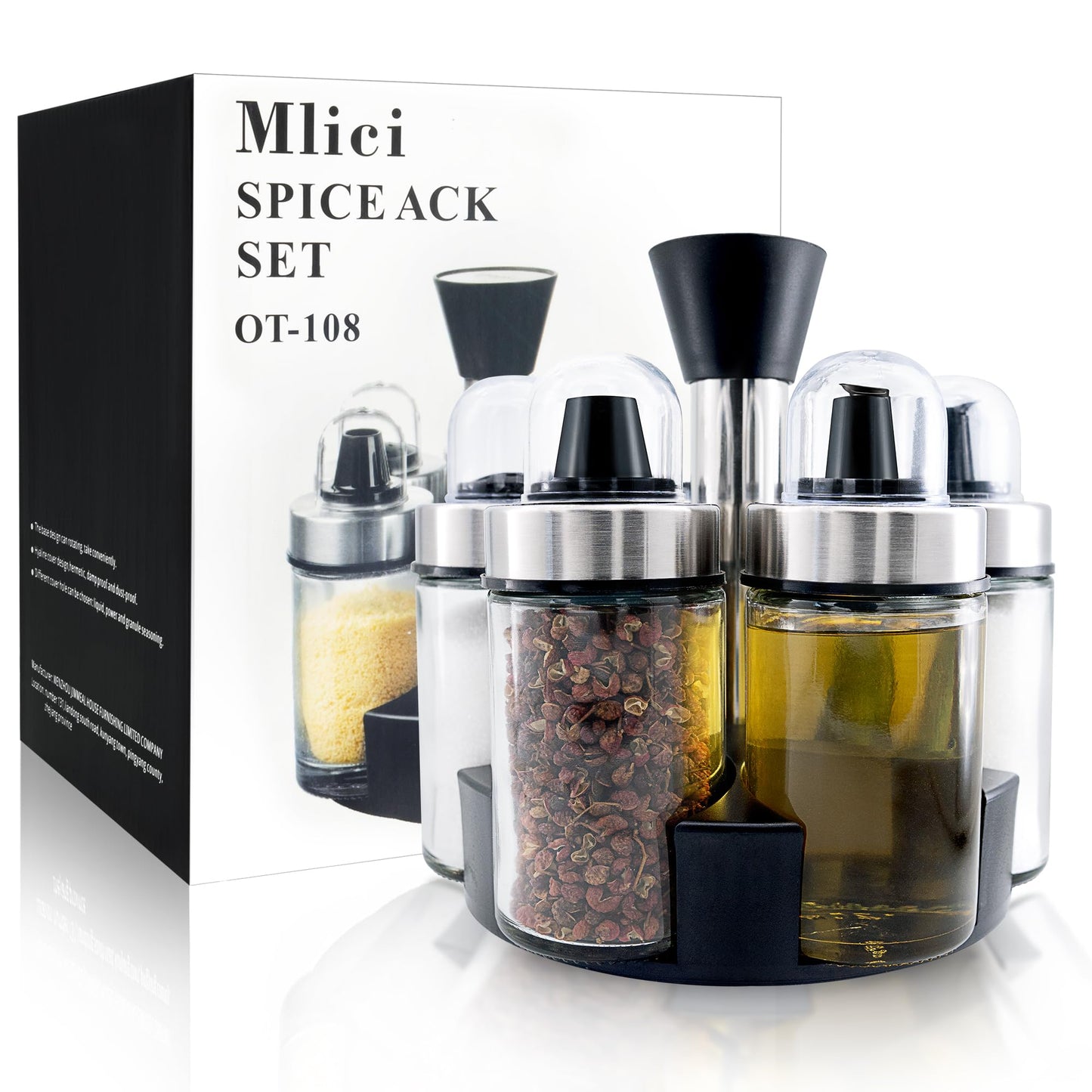 Mlici Oil and Vinegar Dispenser Set of 6 Bottles, Stainless Steel Salt Pepper Holder with 360° Rotating Holder, Cruet Soy Sauce - Premium Glass Condiment for Kitchen, Tabletop, Kitchen Containers