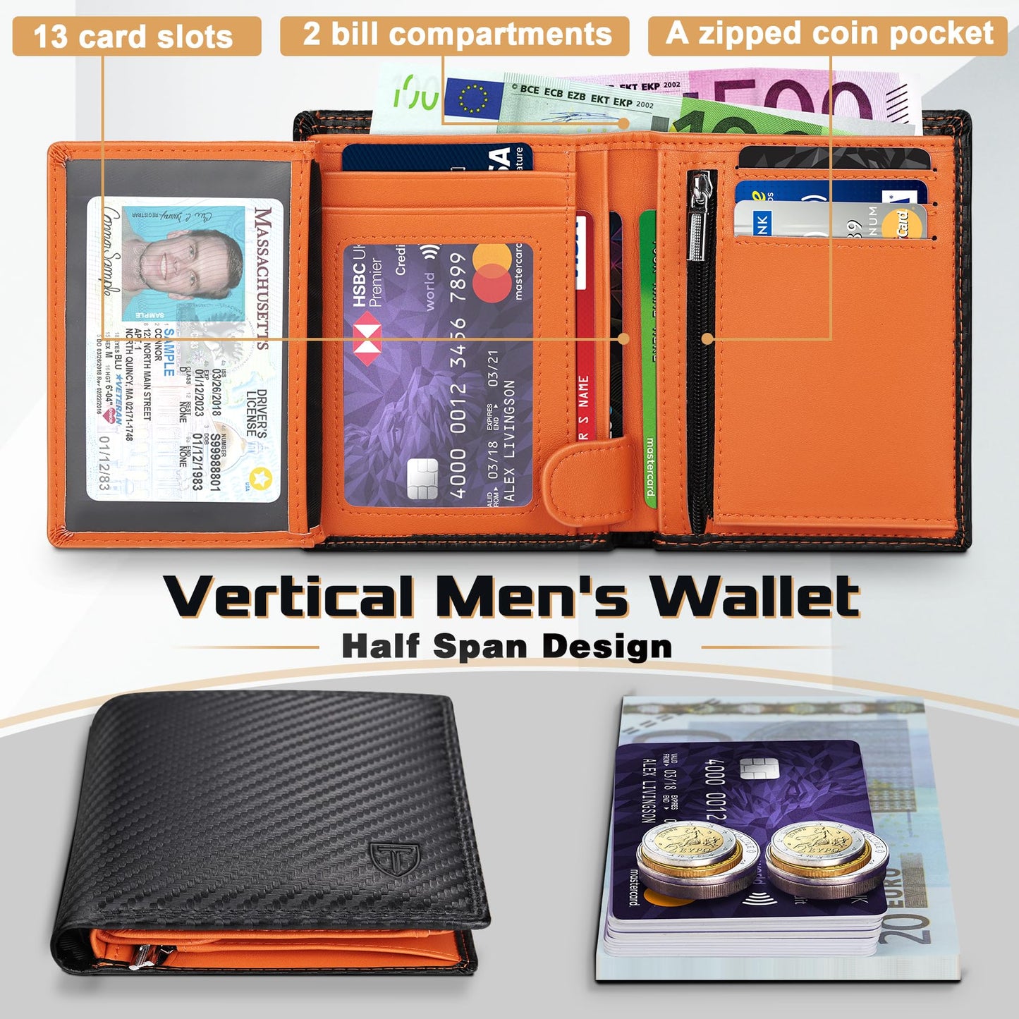 TEEHON® Wallets RFID Blocking Carbon Fibre Leather Mens Wallets with Zip Coin Pocket, 11 Card Holders, 2 ID Windows, 2 Banknote Compartments, Trifold Vertical, Black Orange