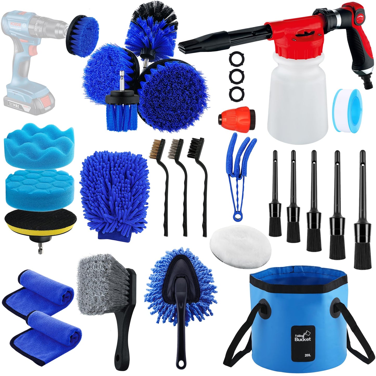 27Pcs Car Wash Cleaning Kit with Foam Gun, Car Detailing Kit, Auto Detail Supplies Tools With Wheel Drill Brush Set, Car Polishing Kit, Car Detailing Brush Set for Tires, Wheels, Interior & Exterior