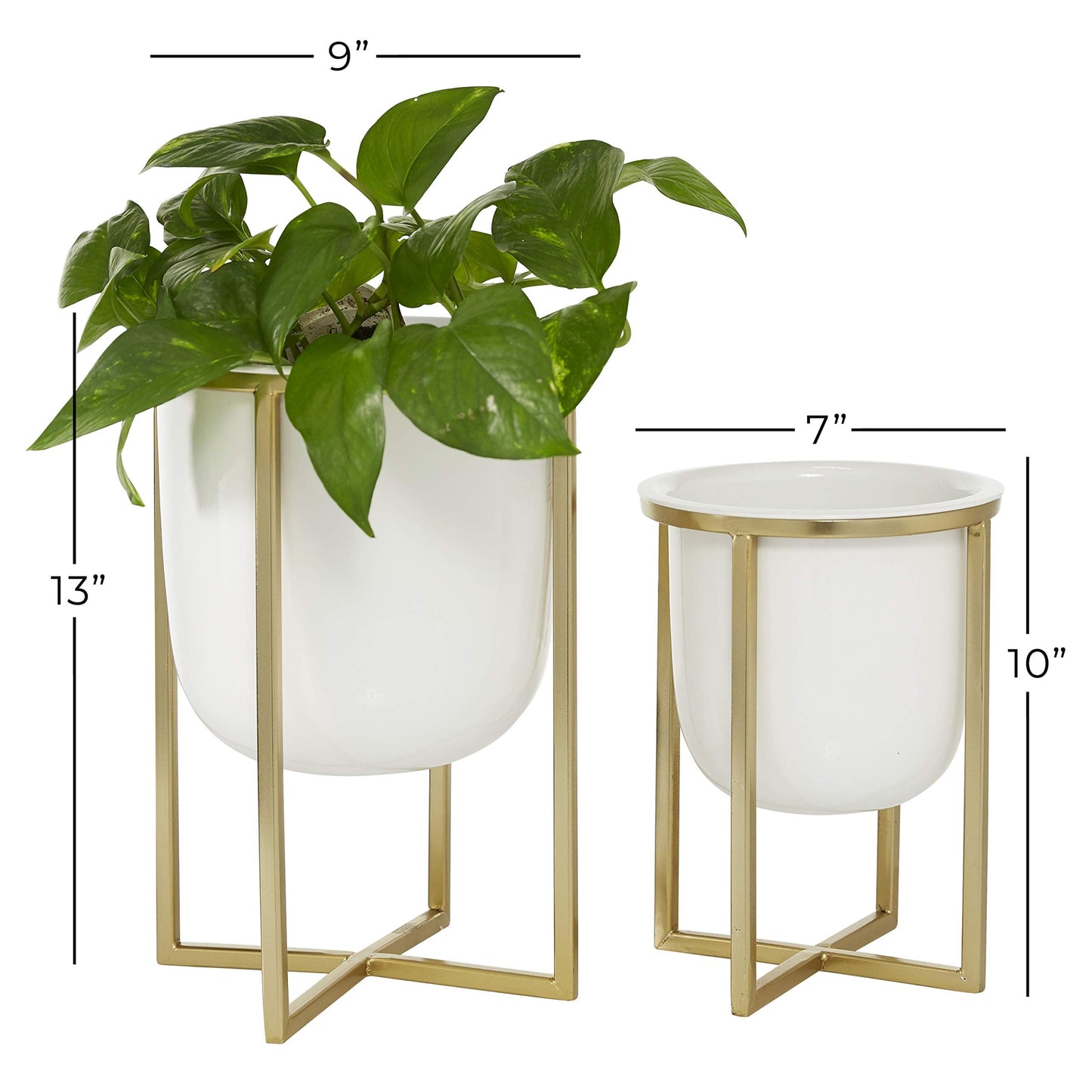 CosmoLiving by Cosmopolitan Metal Indoor Outdoor Planter Dome Small Planter Pot with Gold X-Shaped Stands, Set of 2 Planters 12", 10"H, White