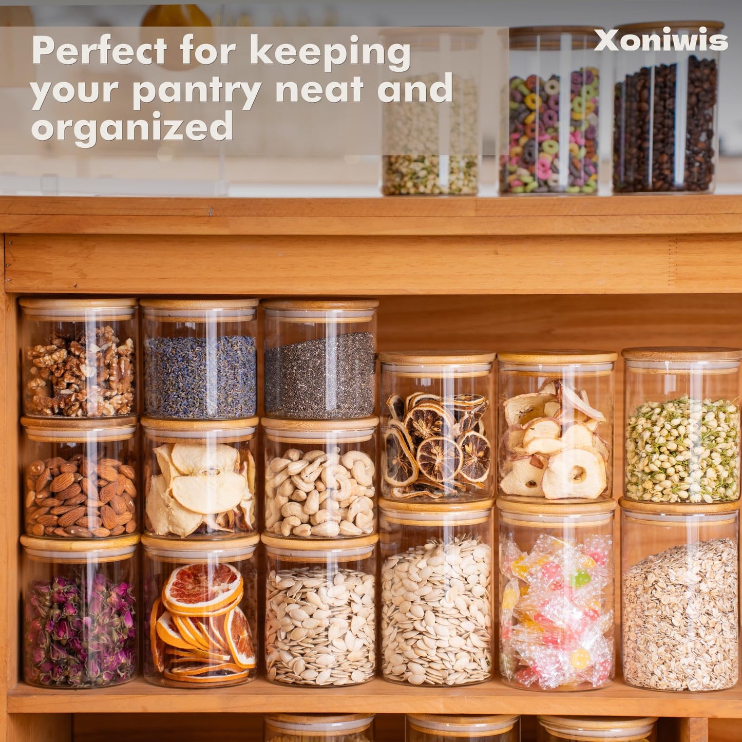 Xoniwis 6-Pack 0.8Qt Round Glass Storage Jars with Bamboo Lids