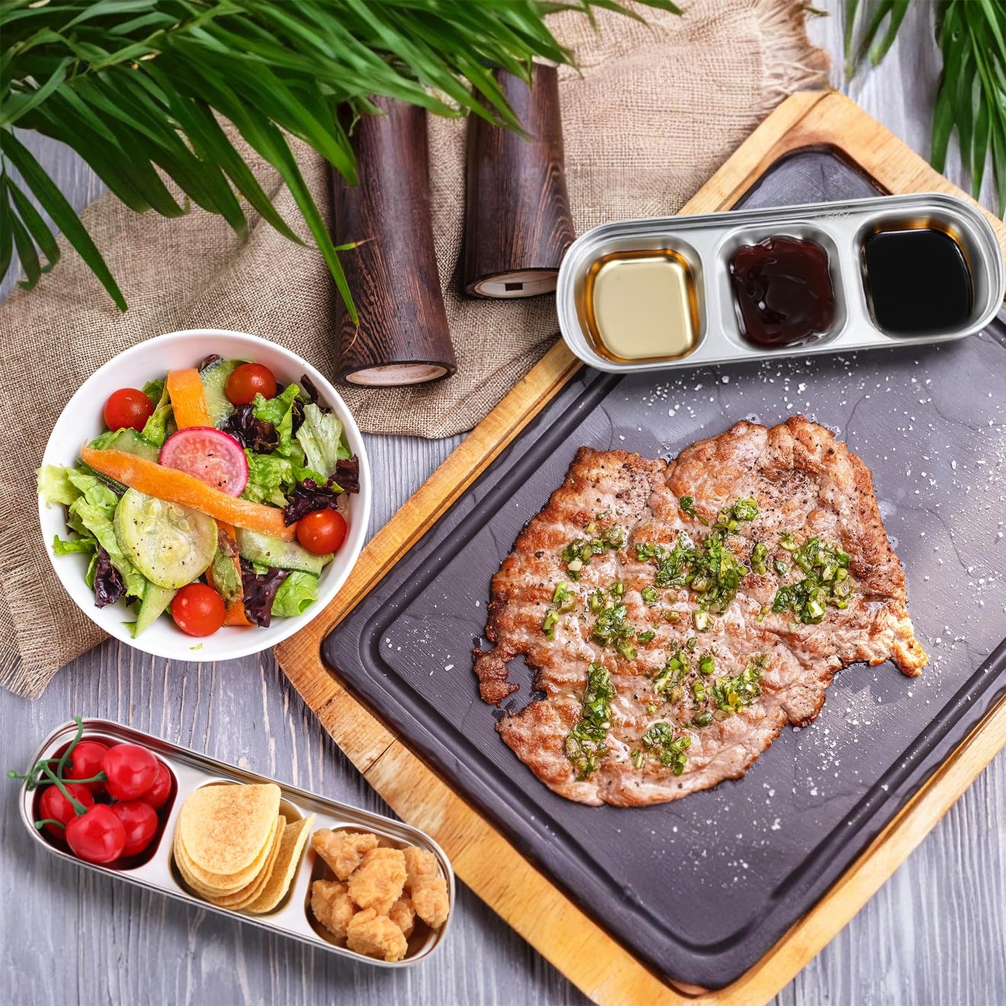 12 Packs Stainless Steel Divided Dip Bowls Soy Sauce Dishes, Divided Serving Tray Chip and Dip Serving Set, 3 Compartment Sauce Plate Seasoning Dipping Condiment Tray for BBQ Vinegar Spice Sugar