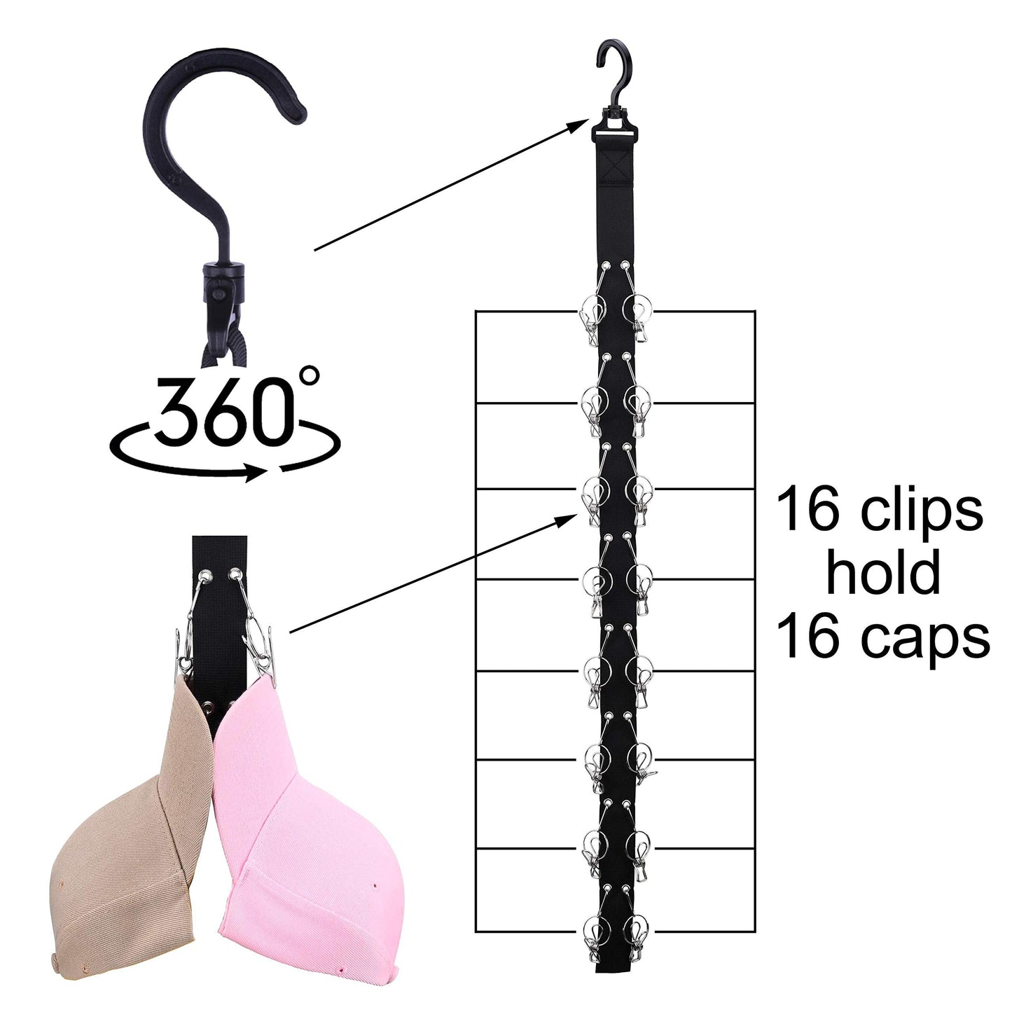 Closet Hanging Cap Organizer, 16 Baseball Cap Rack, Closet Hook Cap Holder Hat Storage Organizer - Keep Hats Cleaner Than a Hat Rack (1 Pack)