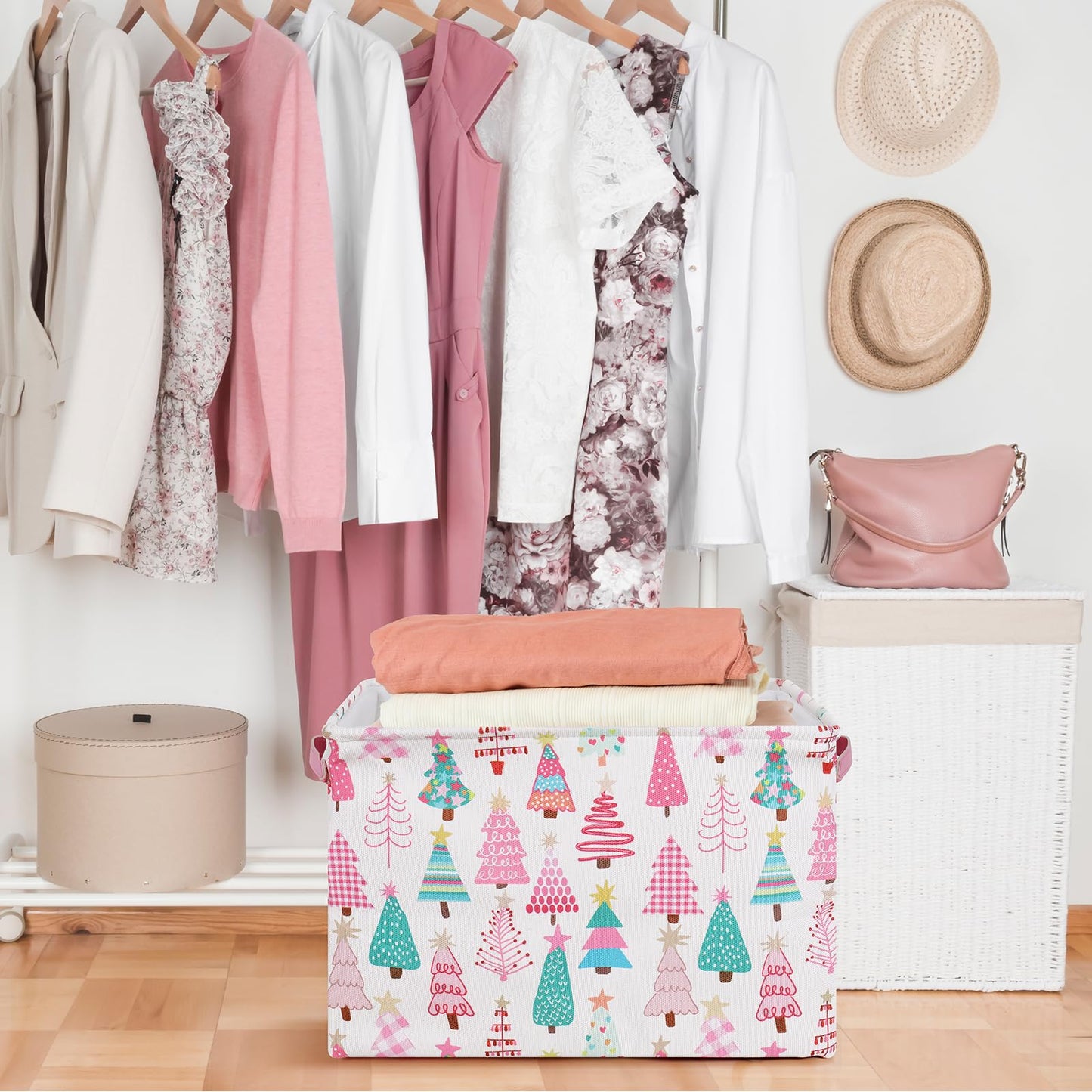 FYSUIMU 2 Pcs Christmas Storage Basket Pink Green Xmas Tree Storage Bins with Handles Rectangle Foldable Container Box for Home Office Nursery Laundry Shelf Closet Toy