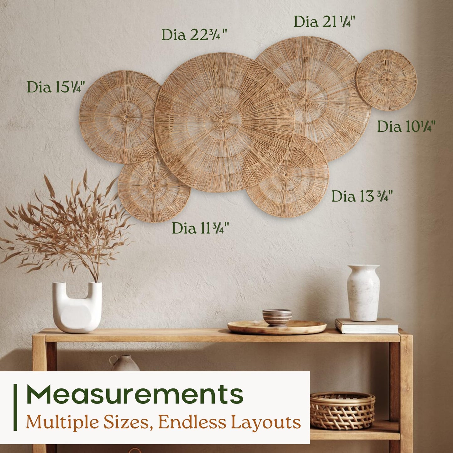 CHI AN HOME Wicker 23 Inch Jute Wall Decor Baskets, Set of 6 Extra Large Woven Jute Wall Plates, 23",21",15",13",12,10", Decorative Baskets for Wall Arts, Wall Hanging for Bedroom, Living Room, Office