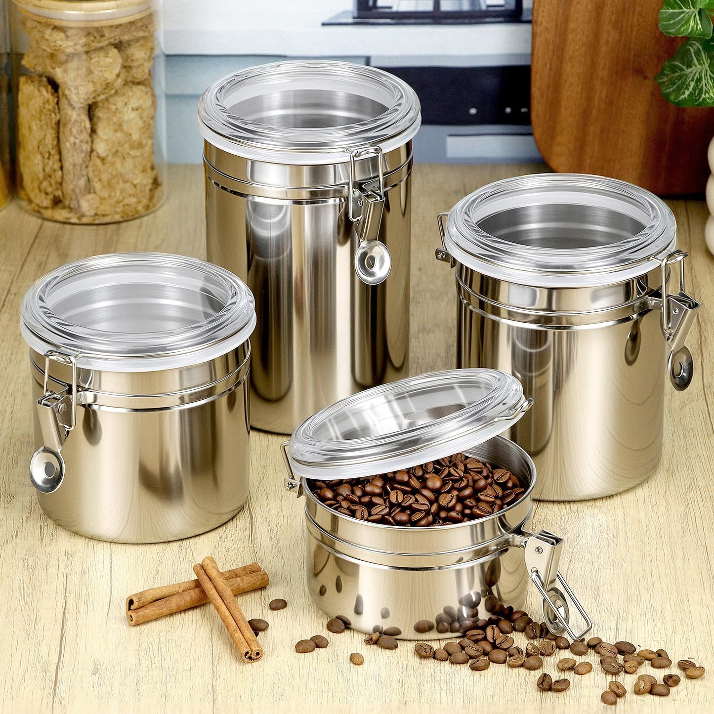 QWORK 4 Pack Stainless Steel Kitchen Storage Canister, Airtight Flour Clamp Canister, 26oz, 36oz, 47oz, 62oz