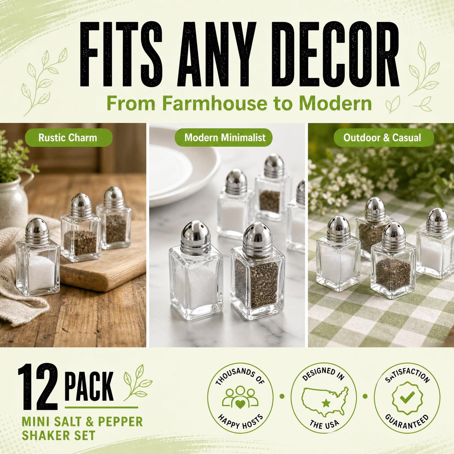 Notana Mini Salt and Pepper Shakers Set - Small Glass Salt Pepper Shaker with Stainless Steel Lids - Modern Kitchen Table Saleros for Dining - Refillable Cute Containers, Pack of 12