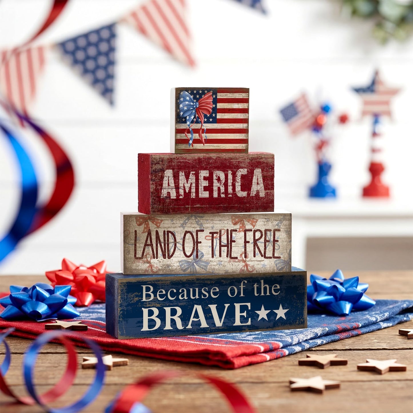 CroBlissful 4 Pcs 4th of July Decorations Patriotic Memorial Day Tabletop Decoration Red White Blue Table Centerpieces 250th Anniversary Wooden Fourth of July Sign for Office Tiered Tray Home Shelf