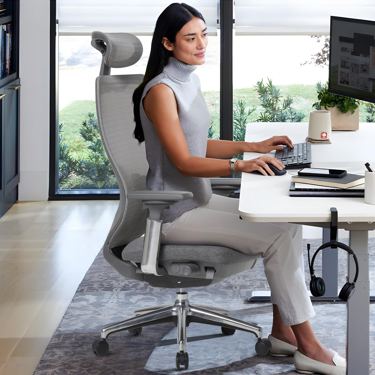 COLAMY Ergonomic Mesh Office Chair, High Back Office Chair, Computer Executive Desk Chair with Lumbar Support,Adjustable Headrest and 4D Arms, Slide Seat, Tilt Lock-Darkgrey New