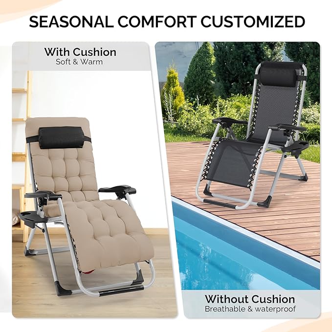 VINGLI Padded Zero Gravity Chair, Lounge Chair with Removable Cushion & Tray, Folding Reclining Patio Chairs, Recliner Chair for Lawn,Indoor Outdoor-Khaki