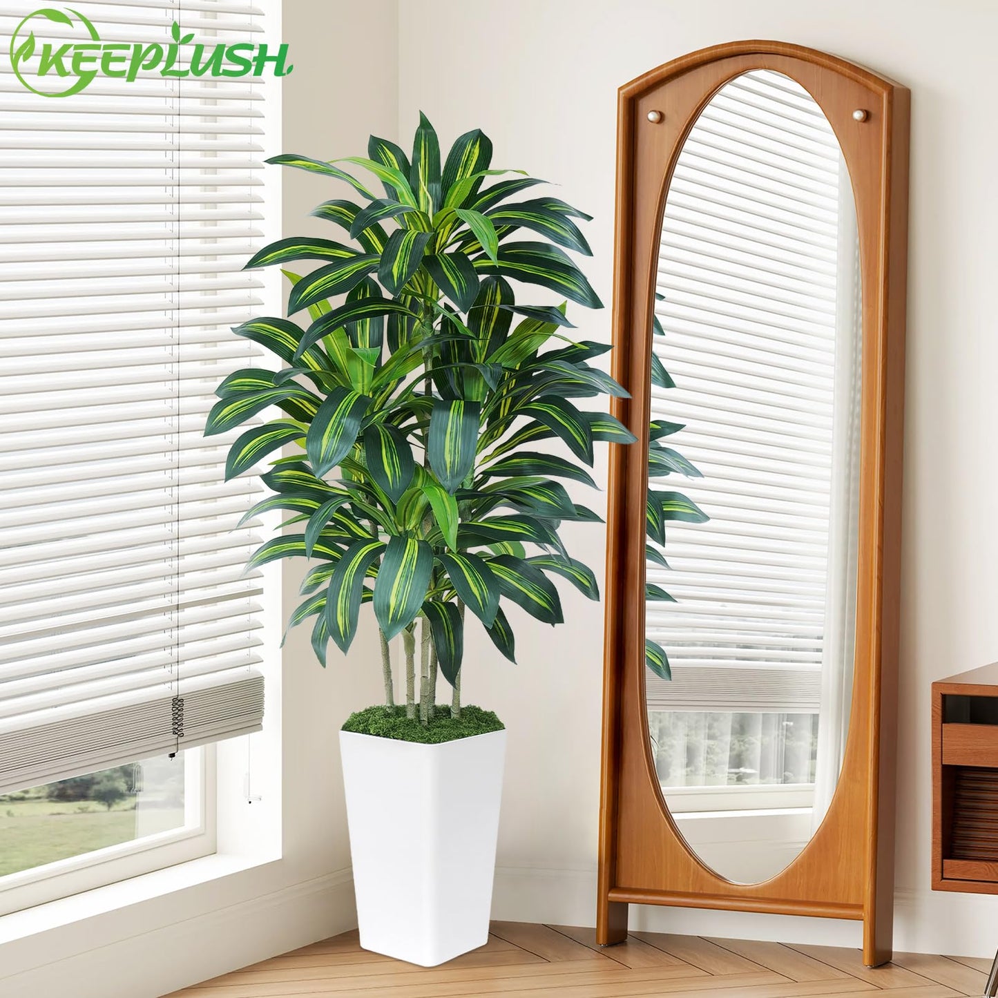 Keeplush 5FT Artificial Dracaena Tree - High-Density Foliage Fake Plant with White Tall Planter - Faux Yucca Floor Plant for Home Office Decor Indoor