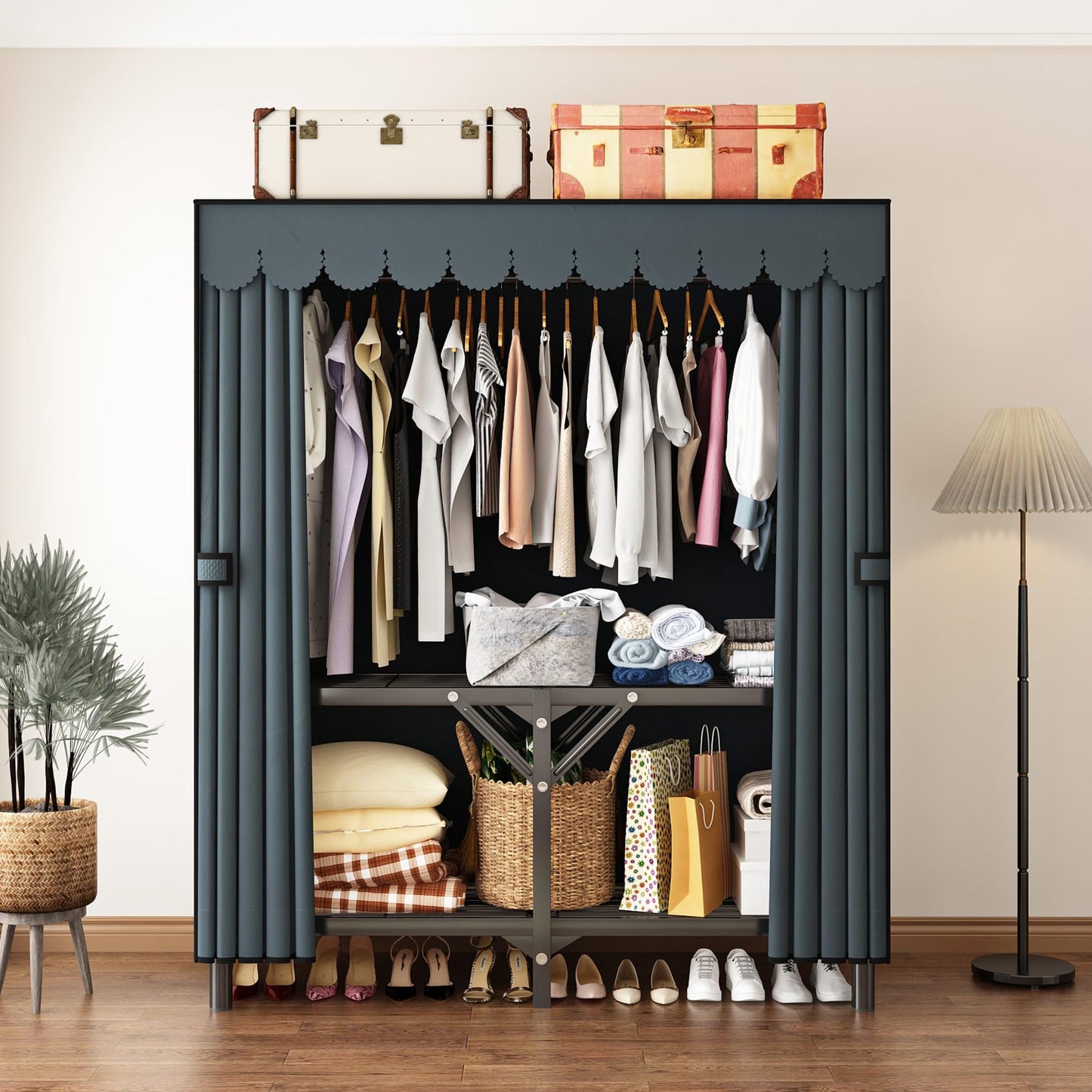 LEAIJIAFY Foldable Clothes Hanger with Cover Portable Wardrobe, Metal Standing Armoire Wardrobe Clothes Rack with Gray Fabric Cover,One-Piece Folding Base,25MM Steel Tube for Bedroom