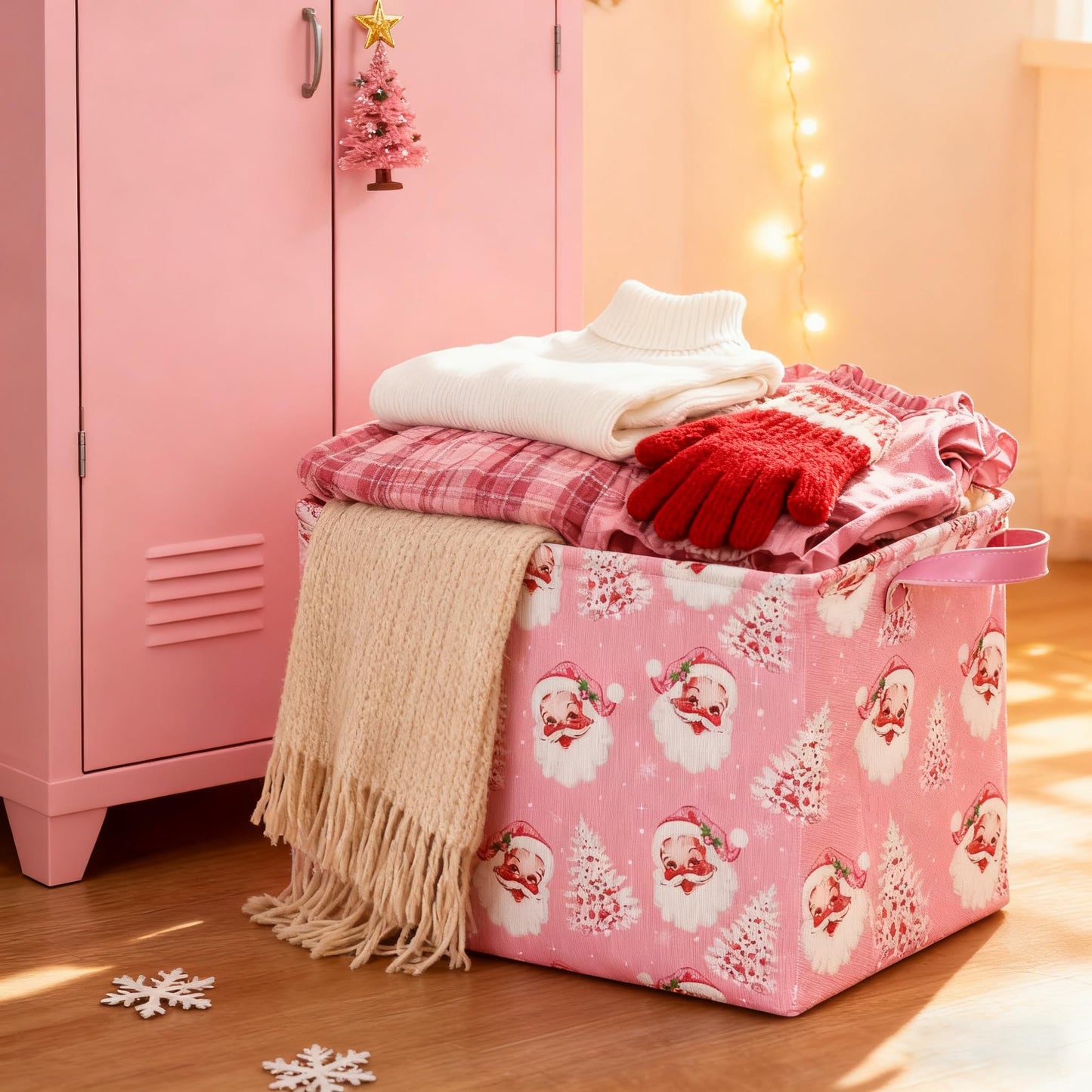 FYSUIMU 2Pcs Pink Christmas Storage Basket Collapsible Canvas Organizer Cute Xmas Tree Santa Fabric Storage Bin with Handles for Shelf Closet Holiday Home Organizer Decor