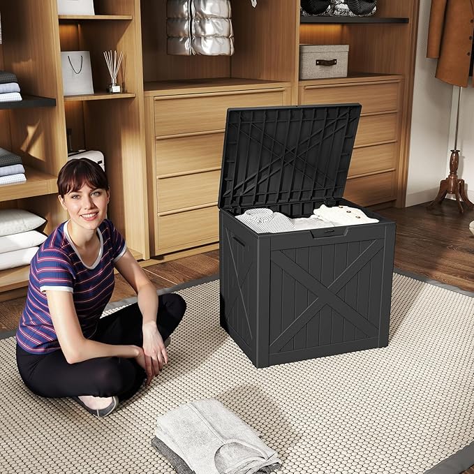 32 Gallon Outdoor Deck Box, Lockable Waterproof Outdoor Storage Boxes For Garden Tools,Indoor Cushions,Accessories Outside Storage Resin Weatherproof Container(Black)