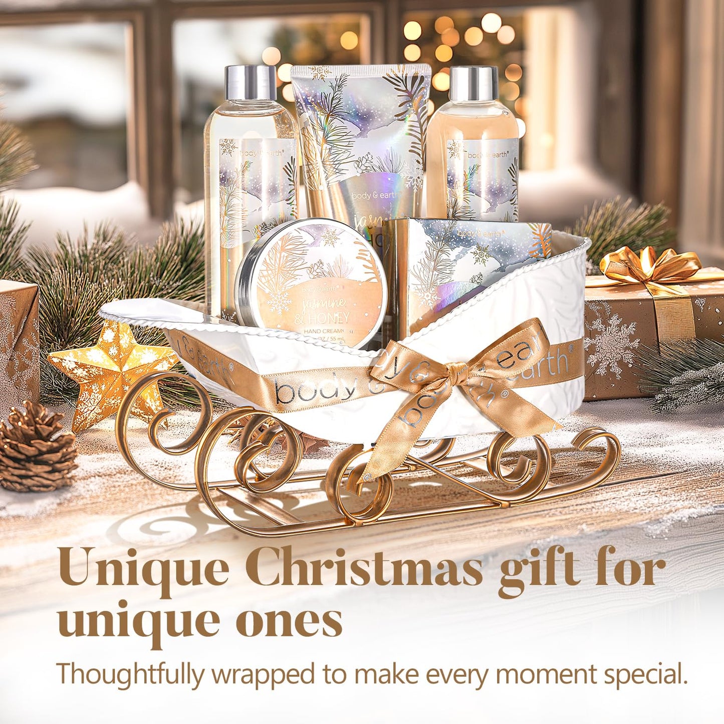 Gift Baskets for Women, Body & Earth Gift Set with Jasmine & Honey Scent Includes Bubble Bath, Hand Cream, Holiday Gift Baskets, Bath and Body Gift Sets for Women, Happy New Year Gifts