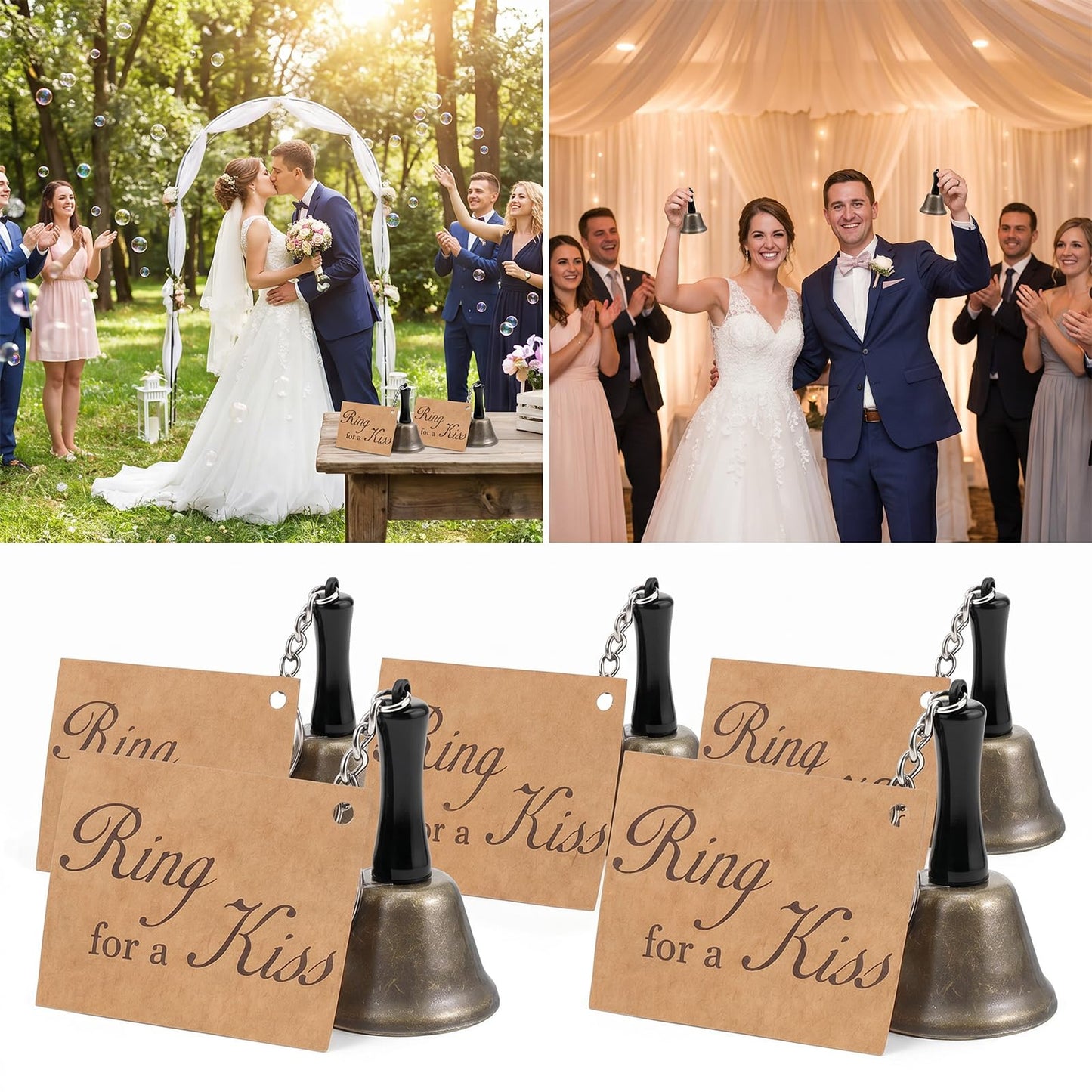24 Set Bronze Wedding Bells with 'Ring for a Kiss' Cards Bulk Kissing Bells for Reception Decorations, Guest Favors, Table Centerpieces & Goodie Bag Party Supplies