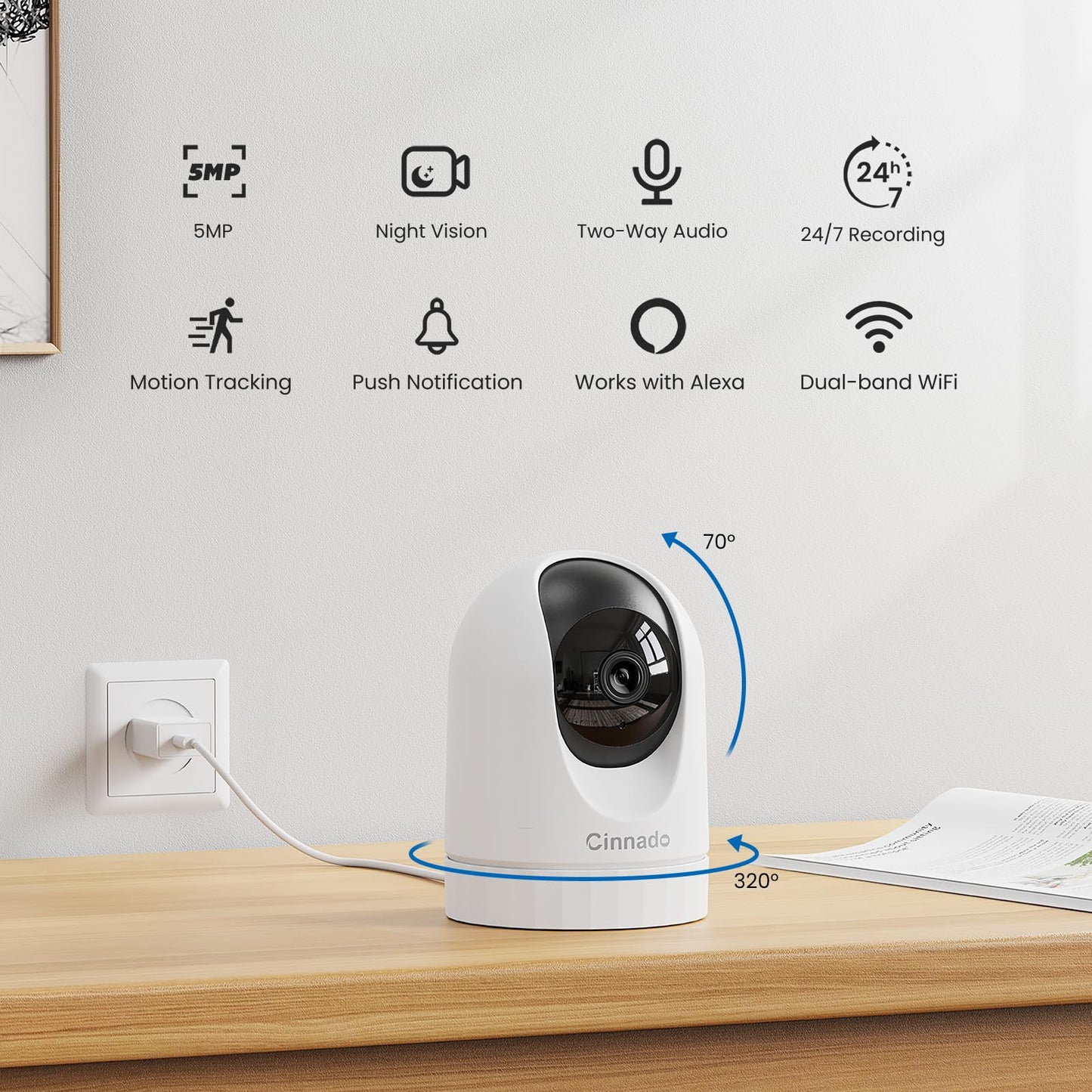 Cinnado 5G Indoor Camera - 5MP Baby Monitor Camera with APP, CCTV Camera, 5G/2.4G Dual-Band 360° Pet Dog Cam, Motion Tracking, 24/7 Recording, IR Night Vision