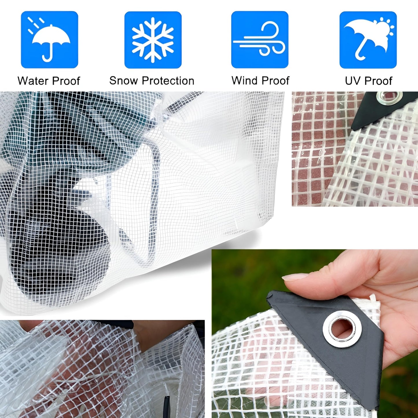 3m x 4m Clear Leno Tarpaulin - Heavy-Duty Waterproof 100 GSM Reinforced Transparent Tarp Sheet with Mesh Support, Rubber Strengthened Corners - UV‑Resistant Cover for Garden, Greenhouse, Groundsheet