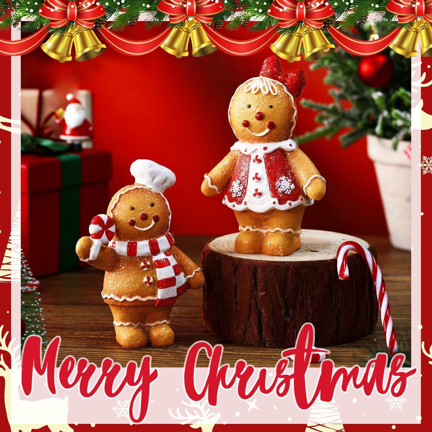 Moucuny 2 Pieces Christmas Gingerbread Decorations Christmas Resin Gingerbread Man Figurines with Chef Hat Candy Bow Scarf Gingerbread Table Decor Christmas Decor for Home Kitchen Mantel Decorations