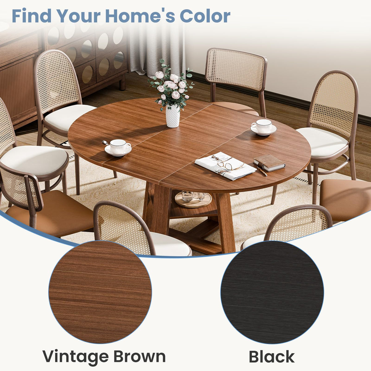 HAPPYMONT Extendable Round Dining Table for 4-8, Space Saving Kitchen Wooden Table with Storage Shelf and Sturdy Base for Kitchen, Dining, Living Room, Brown